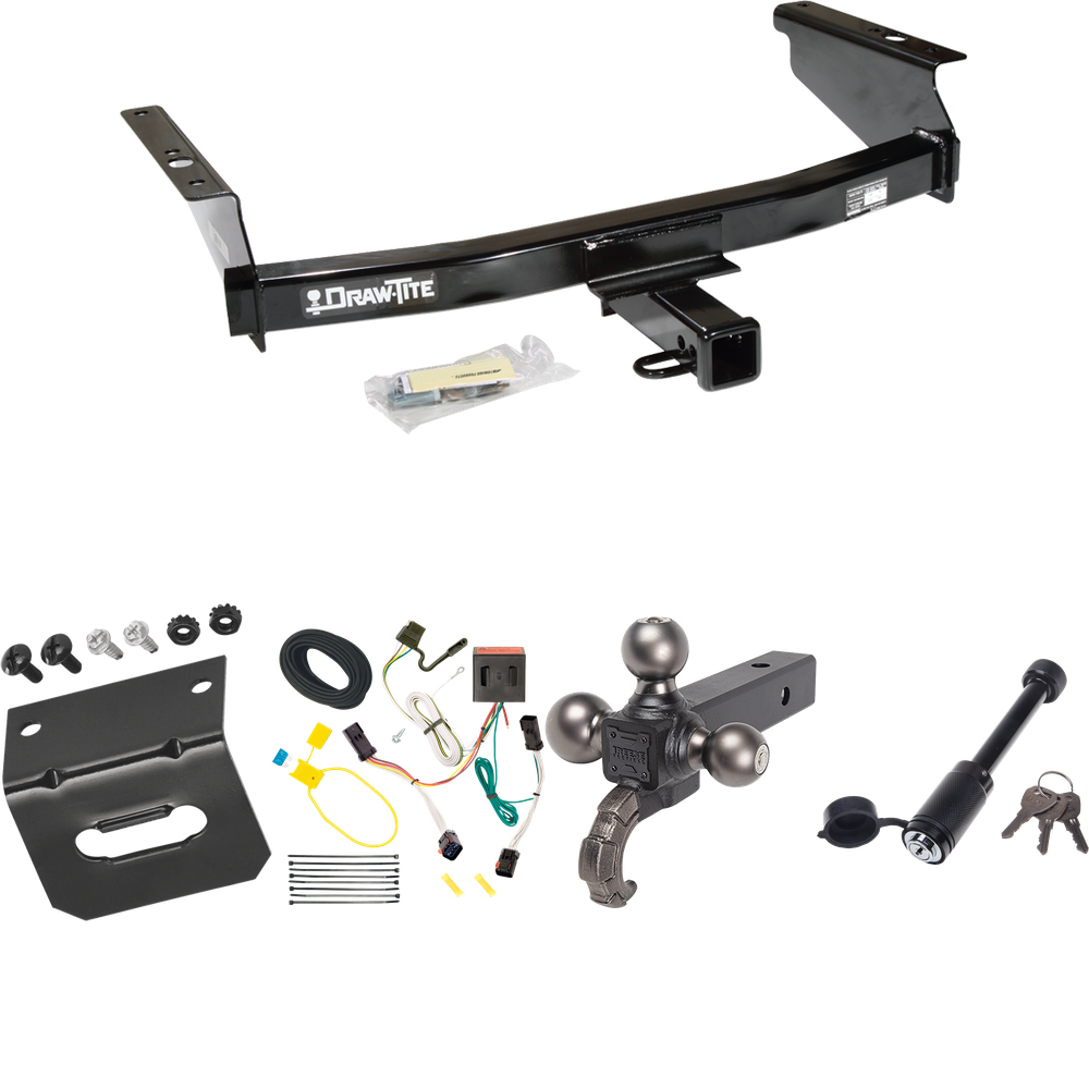 Fits 2002-2007 Jeep Liberty Trailer Hitch Tow PKG w/ 4-Flat Wiring + Triple Ball Tactical Ball Mount 1-7/8" & 2" & 2-5/16" Balls w/ Tow Hook + Tactical Dogbone Lock + Wiring Bracket By Draw-Tite