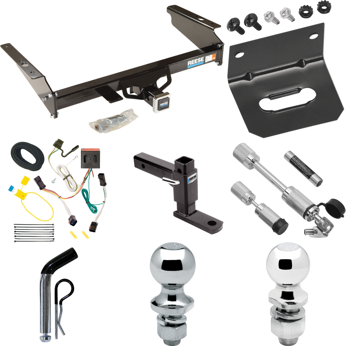 Fits 2002-2007 Jeep Liberty Trailer Hitch Tow PKG w/ 4-Flat Wiring Harness + Adjustable Drop Rise Ball Mount + Pin/Clip + 2" Ball + 1-7/8" Ball + Dual Hitch & Coupler Locks By Reese Towpower