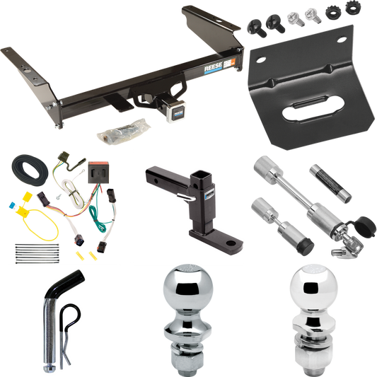 Fits 2002-2007 Jeep Liberty Trailer Hitch Tow PKG w/ 4-Flat Wiring Harness + Adjustable Drop Rise Ball Mount + Pin/Clip + 2" Ball + 1-7/8" Ball + Dual Hitch & Coupler Locks By Reese Towpower