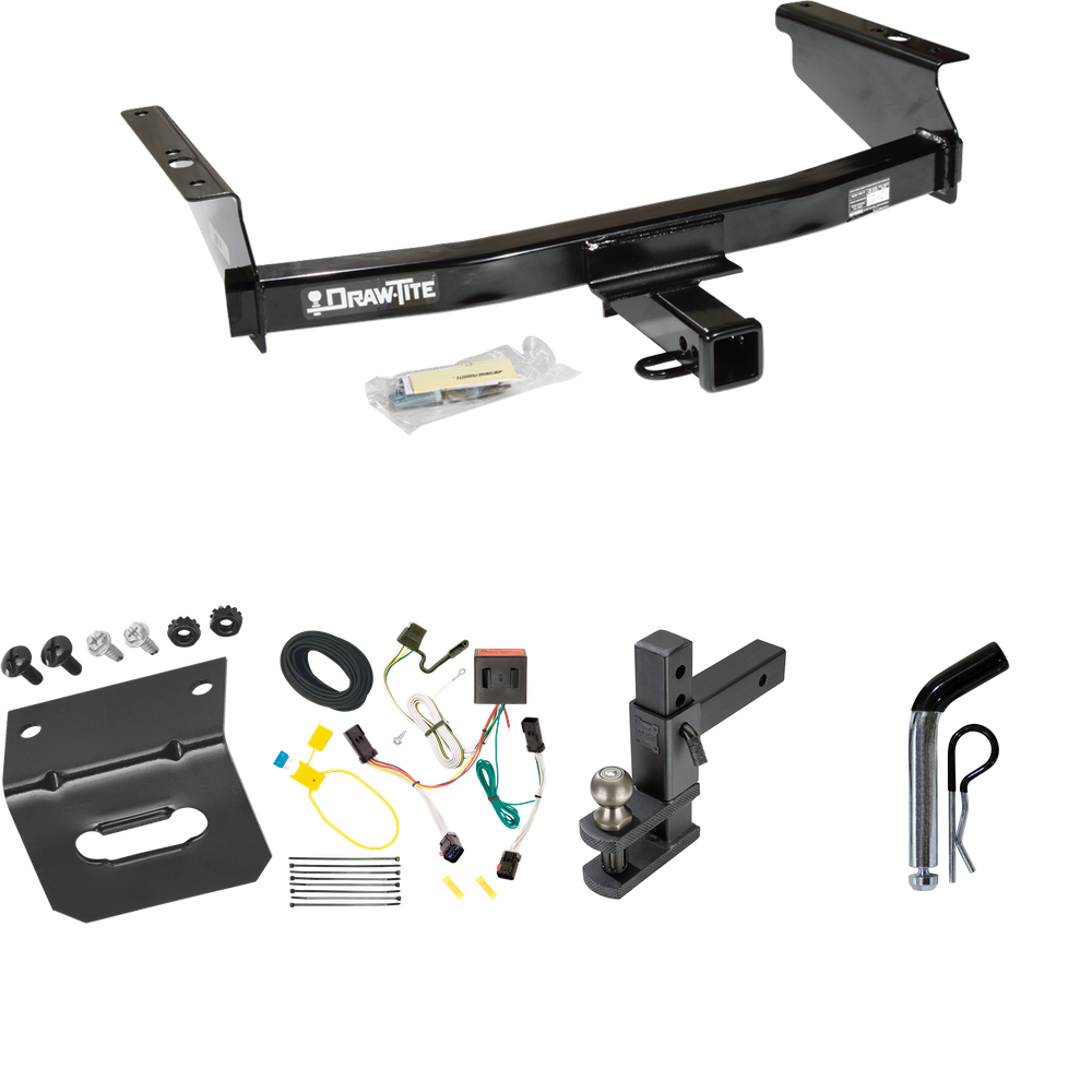 Fits 2002-2007 Jeep Liberty Trailer Hitch Tow PKG w/ 4-Flat Wiring Harness + Adjustable Drop Rise Clevis Hitch Ball Mount w/ 2" Ball + Pin/Clip + Wiring Bracket By Draw-Tite