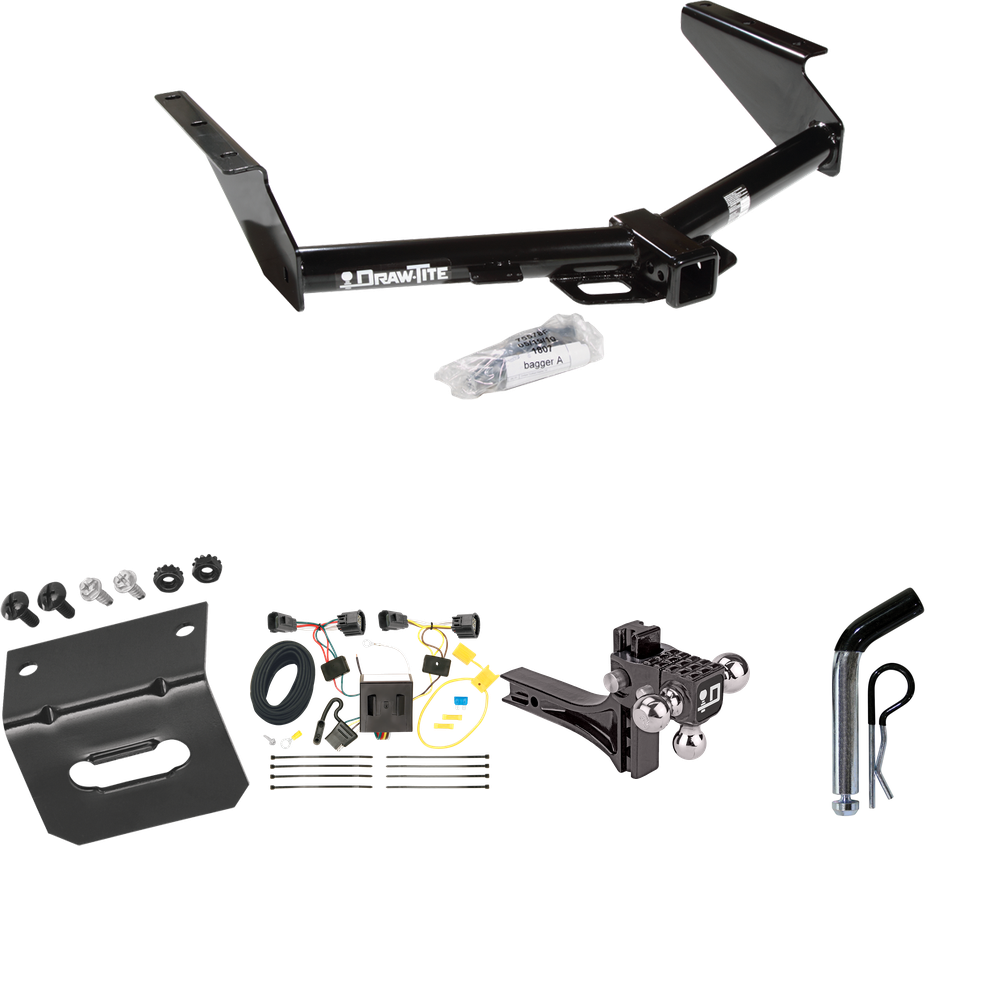 Fits 2008-2012 Jeep Liberty Trailer Hitch Tow PKG w/ 4-Flat Wiring Harness + Adjustable Drop Rise Triple Ball Ball Mount 1-7/8" & 2" & 2-5/16" Trailer Balls + Pin/Clip + Wiring Bracket By Draw-Tite