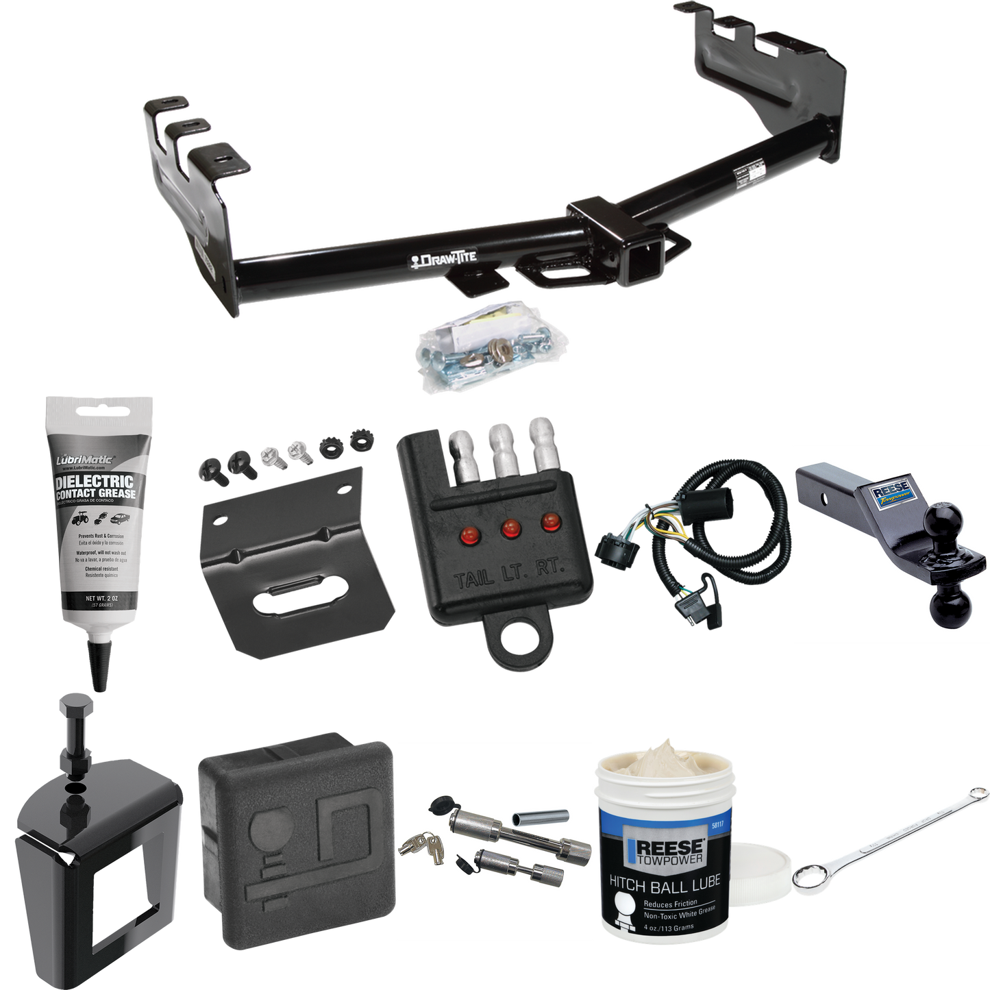 Fits 2007-2013 GMC Sierra 1500 Trailer Hitch Tow PKG w/ 4-Flat Wiring + Dual Ball Ball Mount 1-7/8" & 2" Trailer Balls + Wiring Bracket + Hitch Cover + Dual Hitch & Coupler Locks + Wiring Tester + Ball Lube + Electric Grease + Ball Wrench + Anti Ratt