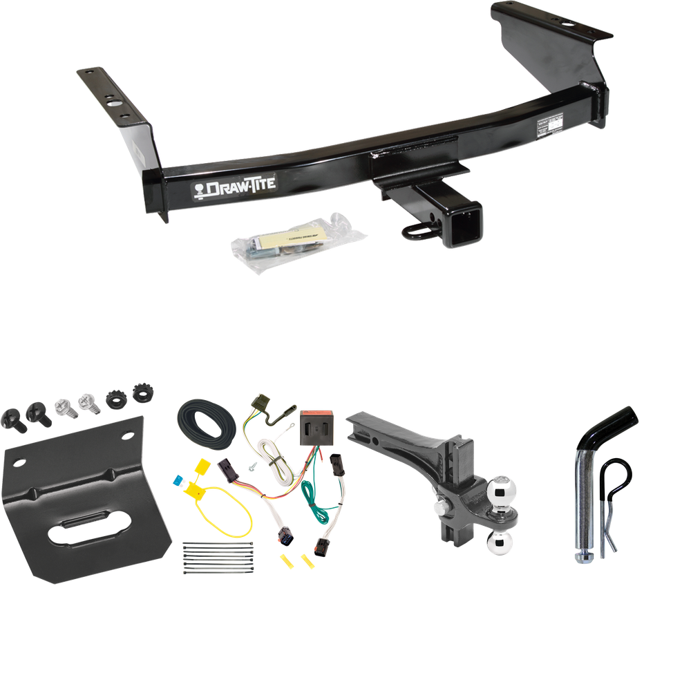 Fits 2002-2007 Jeep Liberty Trailer Hitch Tow PKG w/ 4-Flat Wiring Harness + Dual Adjustable Drop Rise Ball Ball Mount 2" & 2-5/16" Trailer Balls + Pin/Clip + Wiring Bracket By Draw-Tite