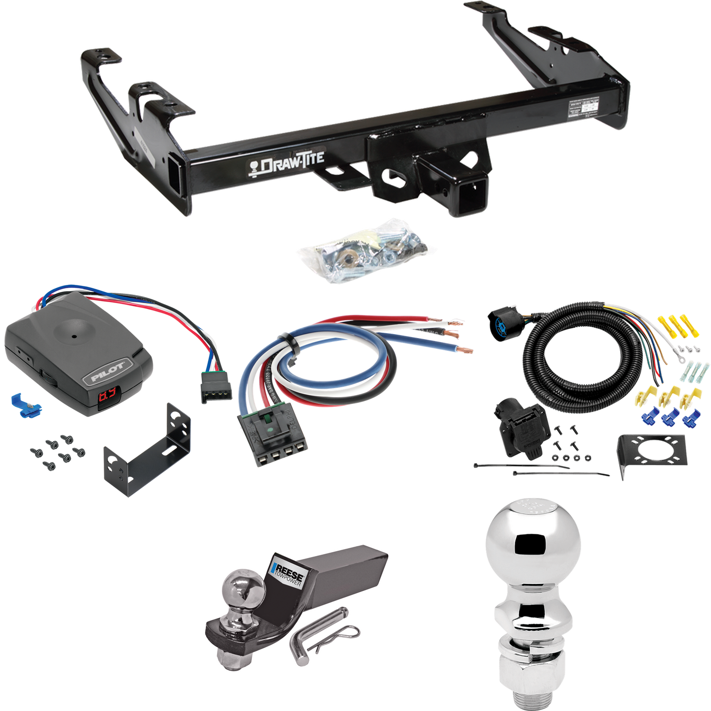 Fits 1992-2000 Chevrolet K3500 Trailer Hitch Tow PKG w/ Pro Series Pilot Brake Control + Generic BC Wiring Adapter + 7-Way RV Wiring + 2" & 2-5/16" Ball & Drop Mount (For Crew Cab Models) By Draw-Tite