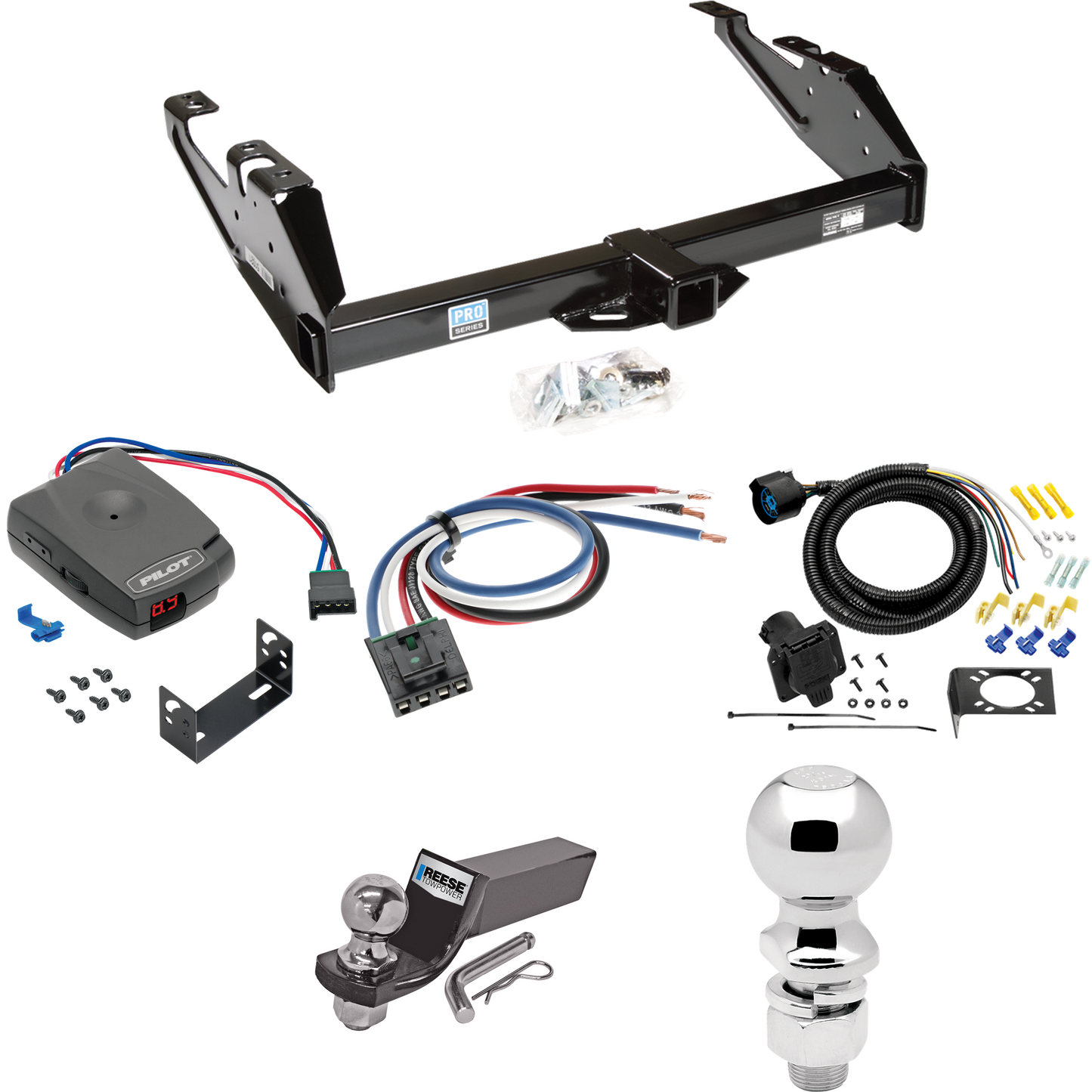 Fits 1988-1999 GMC C1500 Trailer Hitch Tow PKG w/ Pro Series Pilot Brake Control + Generic BC Wiring Adapter + 7-Way RV Wiring + 2" & 2-5/16" Ball & Drop Mount By Reese Towpower