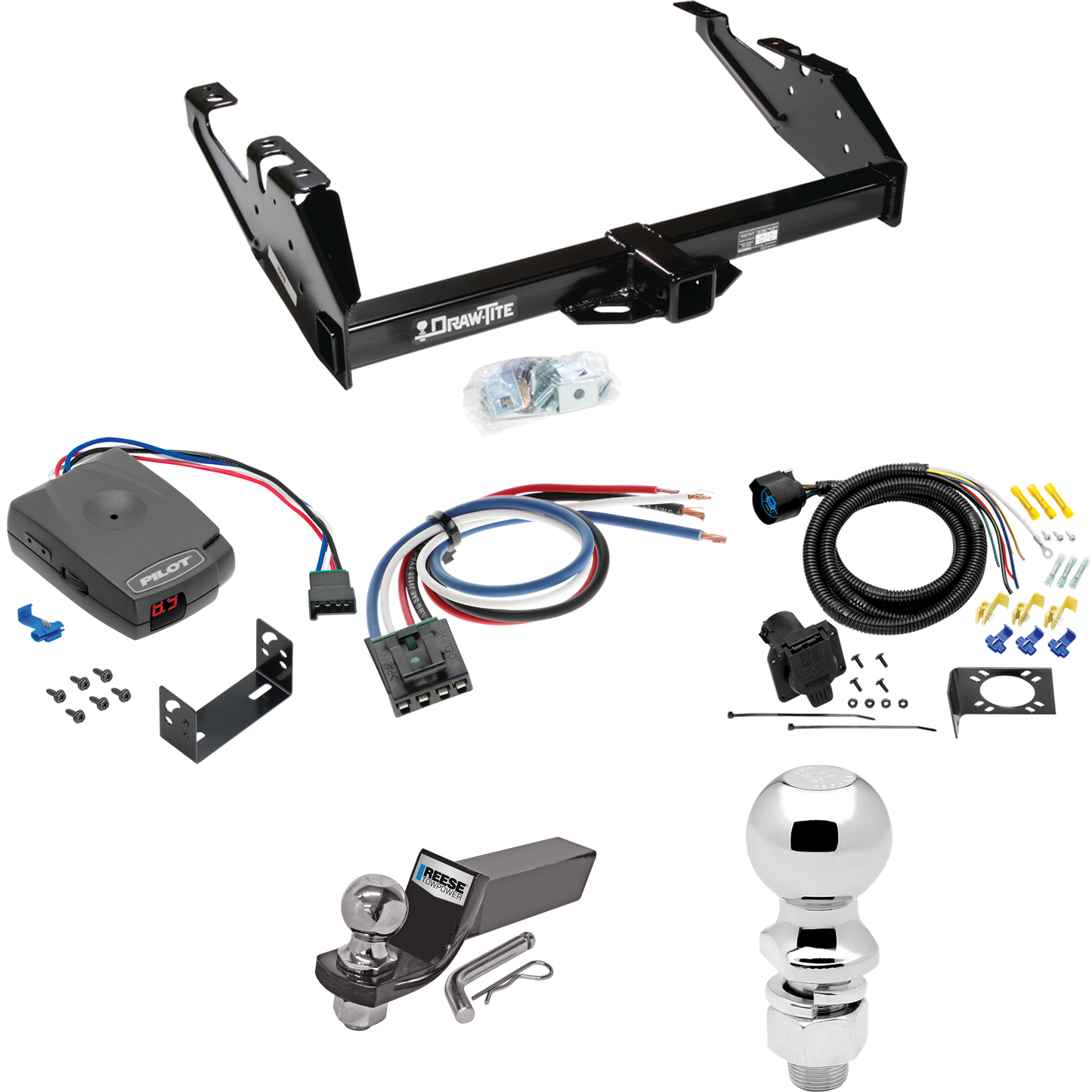 Fits 1988-2000 GMC C2500 Trailer Hitch Tow PKG w/ Pro Series Pilot Brake Control + Generic BC Wiring Adapter + 7-Way RV Wiring + 2" & 2-5/16" Ball & Drop Mount By Draw-Tite