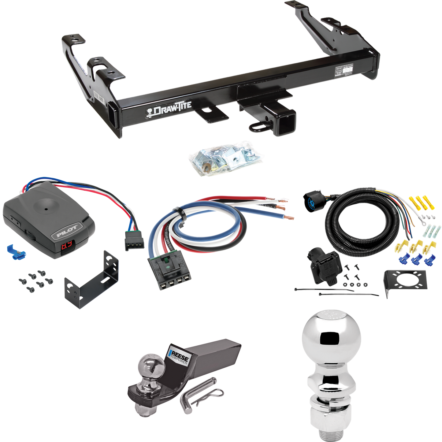 Fits 1992-2000 Chevrolet C2500 Trailer Hitch Tow PKG w/ Pro Series Pilot Brake Control + Generic BC Wiring Adapter + 7-Way RV Wiring + 2" & 2-5/16" Ball & Drop Mount (For Crew Cab Models) By Draw-Tite