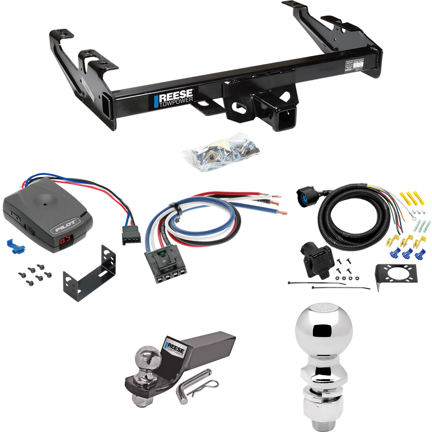 Fits 1992-2000 Chevrolet C2500 Trailer Hitch Tow PKG w/ Pro Series Pilot Brake Control + Generic BC Wiring Adapter + 7-Way RV Wiring + 2" & 2-5/16" Ball & Drop Mount (For Crew Cab Models) By Reese Towpower