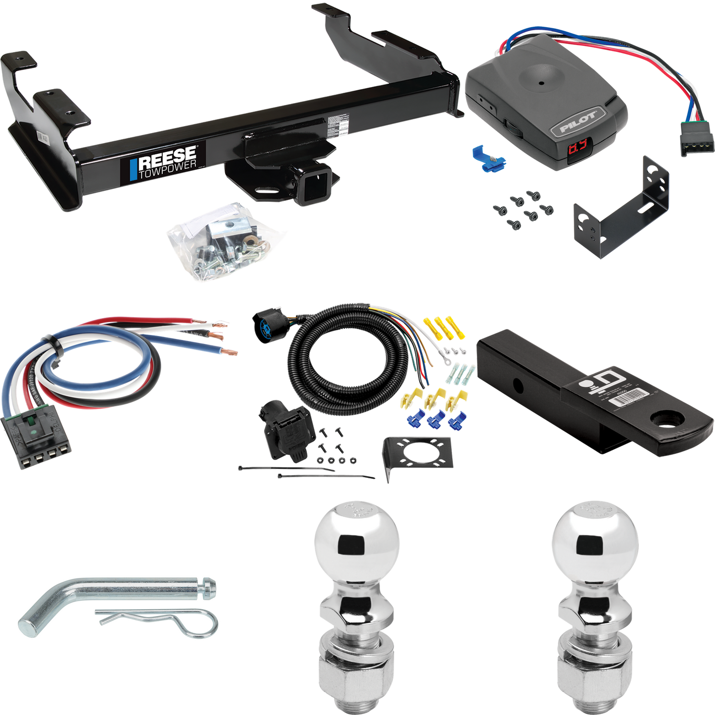 Se adapta al paquete de enganche de remolque GMC C2500 1988-2000 con control de freno piloto serie Pro + adaptador de cableado BC genérico + cableado RV de 7 vías + soporte de bola y caída de 2" y 2-5/16" de Reese Towpower