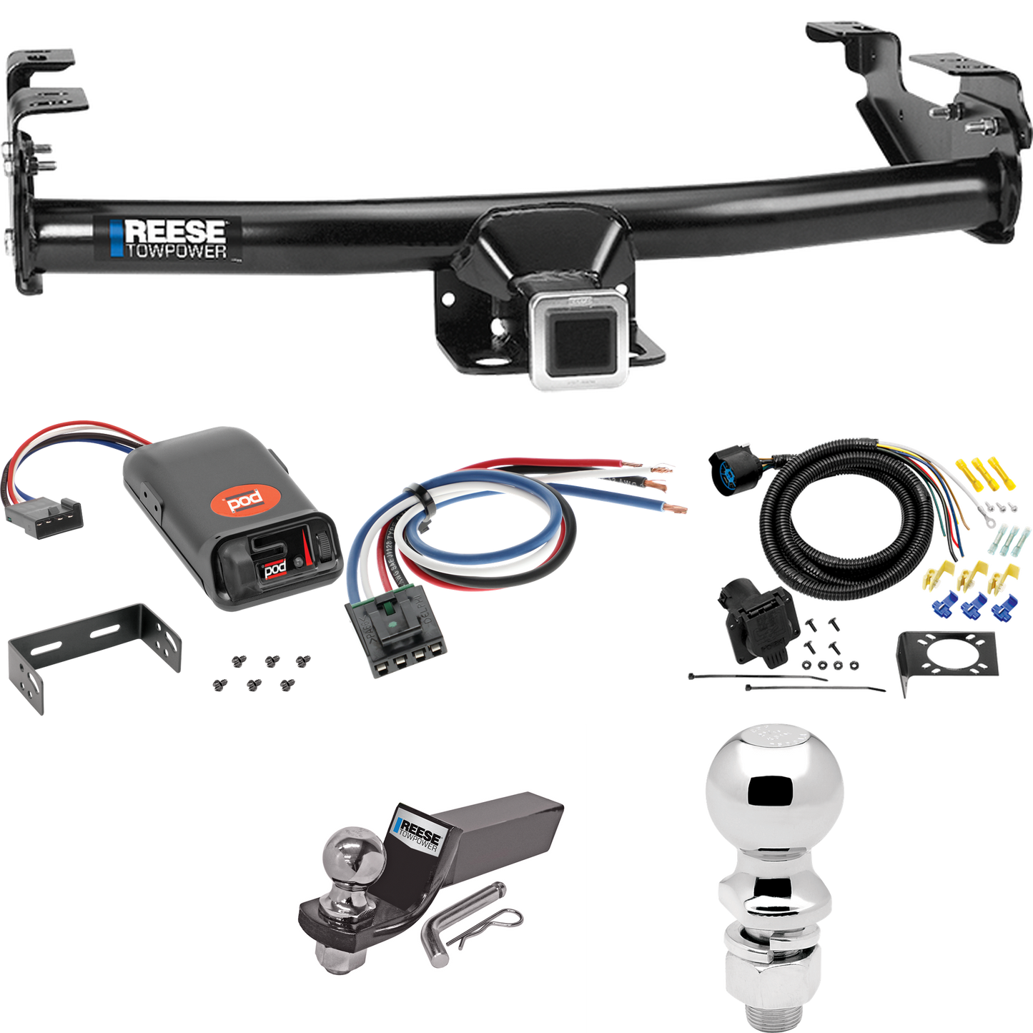 Fits 1994-1994 Dodge Ram 1500 Trailer Hitch Tow PKG w/ Pro Series POD Brake Control + Generic BC Wiring Adapter + 7-Way RV Wiring + 2" & 2-5/16" Ball & Drop Mount By Reese Towpower