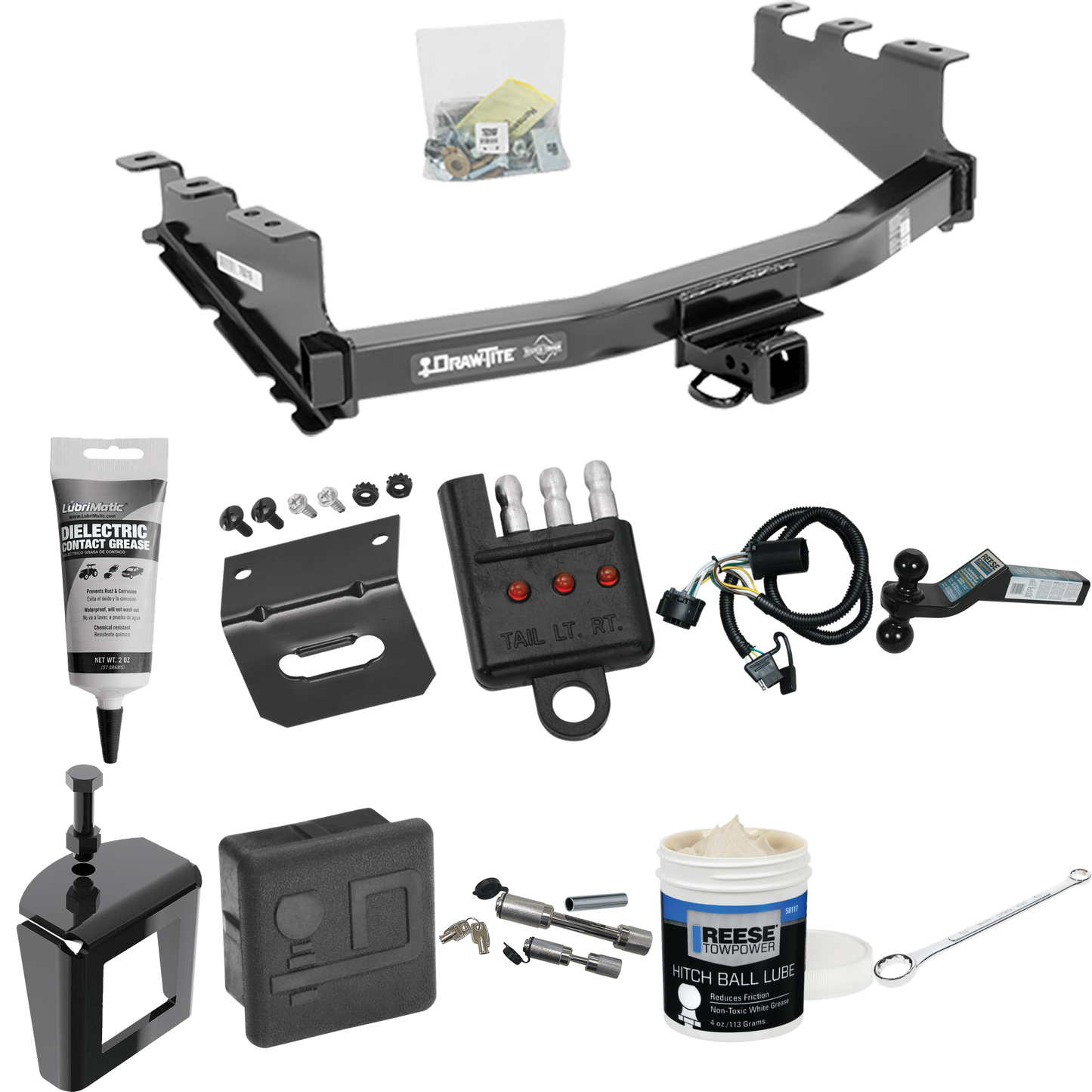 Fits 2019-2019 GMC Sierra 1500 LD (Old Body) Trailer Hitch Tow PKG w/ 4-Flat Wiring + Dual Ball Ball Mount 2" & 2-5/16" Trailer Balls + Wiring Bracket + Hitch Cover + Dual Hitch & Coupler Locks + Wiring Tester + Ball Lube + Electric Grease + Ball Wre