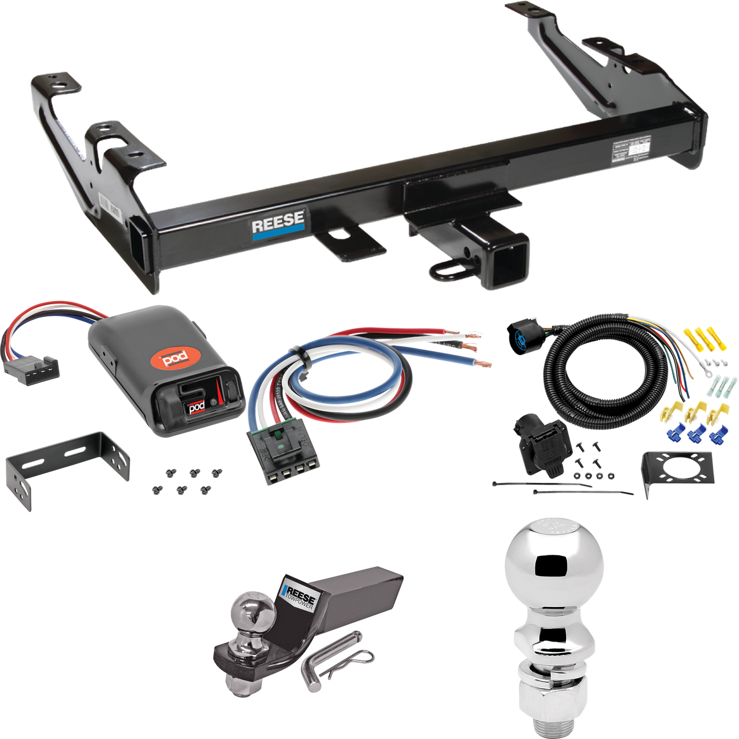 Fits 1988-2000 Chevrolet K3500 Trailer Hitch Tow PKG w/ Pro Series POD Brake Control + Generic BC Wiring Adapter + 7-Way RV Wiring + 2" & 2-5/16" Ball & Drop Mount (For Regular & Extended Cabs Models) By Reese Towpower