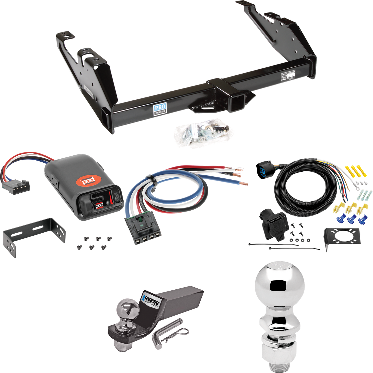 Fits 1988-2000 GMC C3500 Trailer Hitch Tow PKG w/ Pro Series POD Brake Control + Generic BC Wiring Adapter + 7-Way RV Wiring + 2" & 2-5/16" Ball & Drop Mount By Reese Towpower