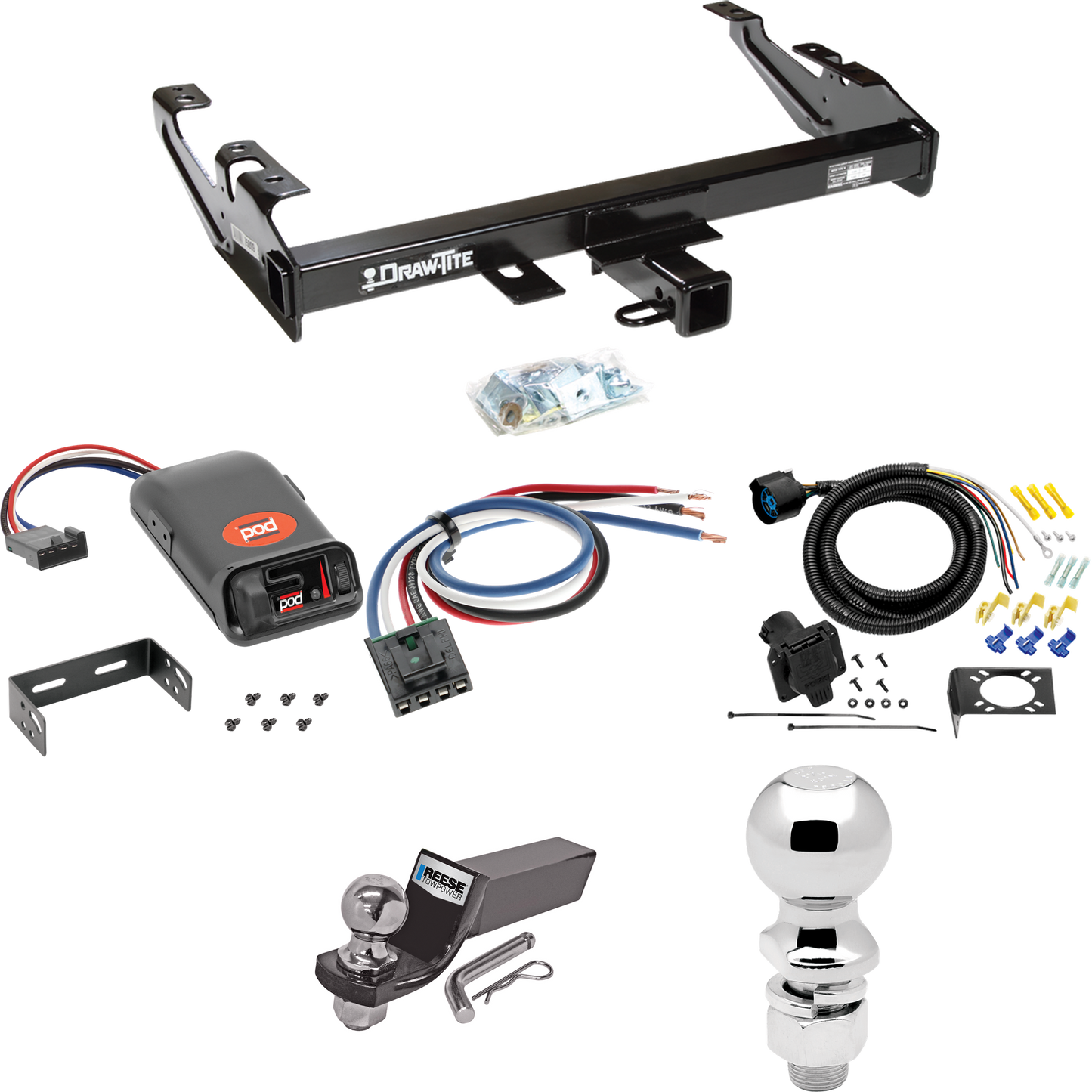 Fits 1992-2000 Chevrolet K3500 Trailer Hitch Tow PKG w/ Pro Series POD Brake Control + Generic BC Wiring Adapter + 7-Way RV Wiring + 2" & 2-5/16" Ball & Drop Mount (For Crew Cab Models) By Draw-Tite