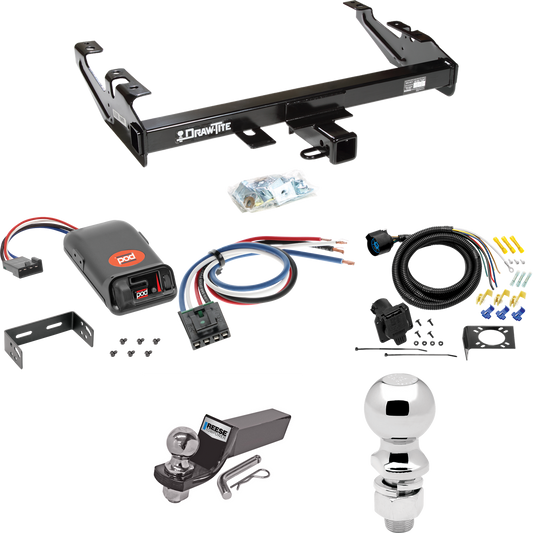 Fits 1992-2000 Chevrolet K3500 Trailer Hitch Tow PKG w/ Pro Series POD Brake Control + Generic BC Wiring Adapter + 7-Way RV Wiring + 2" & 2-5/16" Ball & Drop Mount (For Crew Cab Models) By Draw-Tite