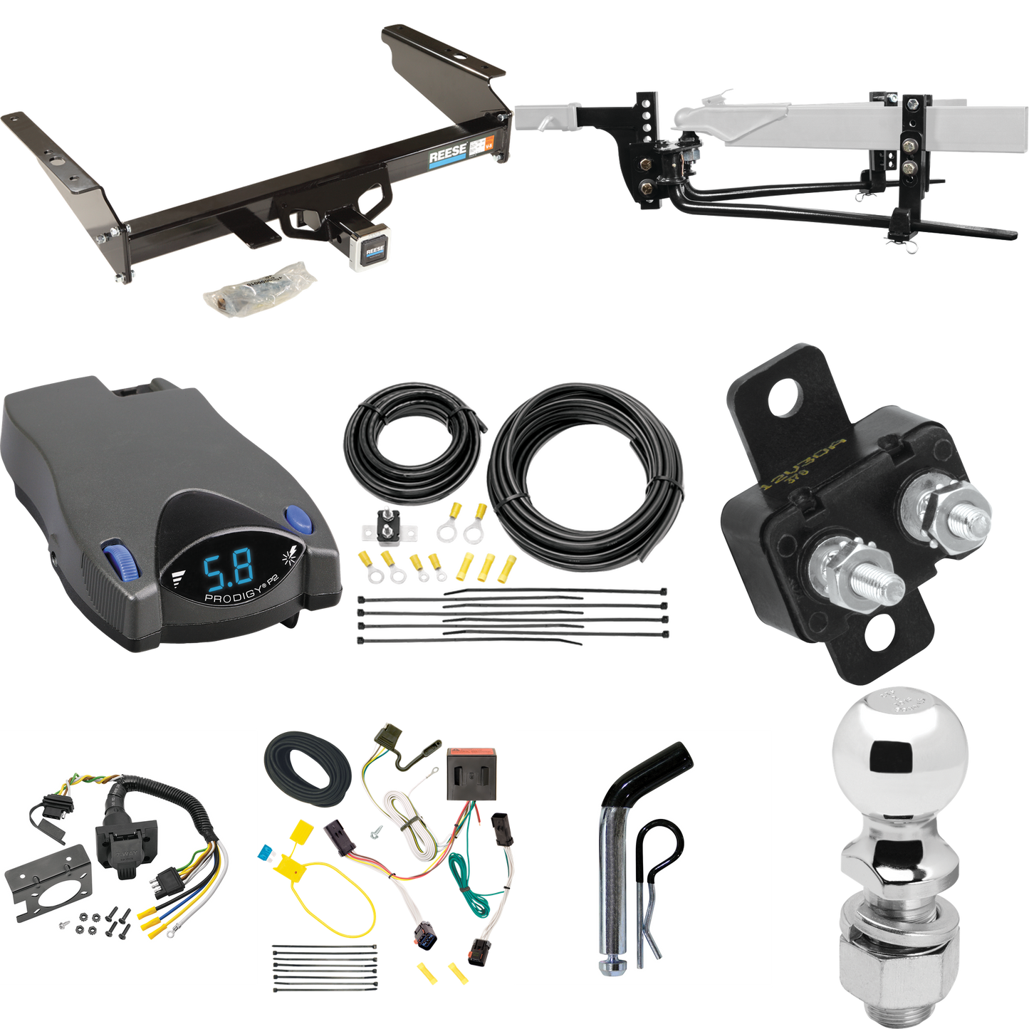 Fits 2002-2007 Jeep Liberty Trailer Hitch Tow PKG w/ 6K Round Bar Weight Distribution Hitch w/ 2-5/16" Ball + 2" Ball + Pin/Clip + Tekonsha Prodigy P2 Brake Control + 7-Way RV Wiring By Reese Towpower