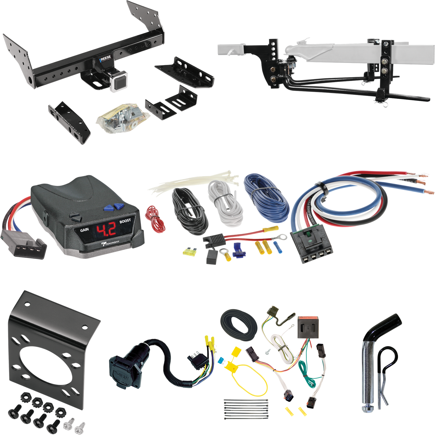 Fits 2002-2007 Jeep Liberty Trailer Hitch Tow PKG w/ 6K Round Bar Weight Distribution Hitch w/ 2-5/16" Ball + Pin/Clip + Tekonsha BRAKE-EVN Brake Control + Generic BC Wiring Adapter + 7-Way RV Wiring By Reese Towpower