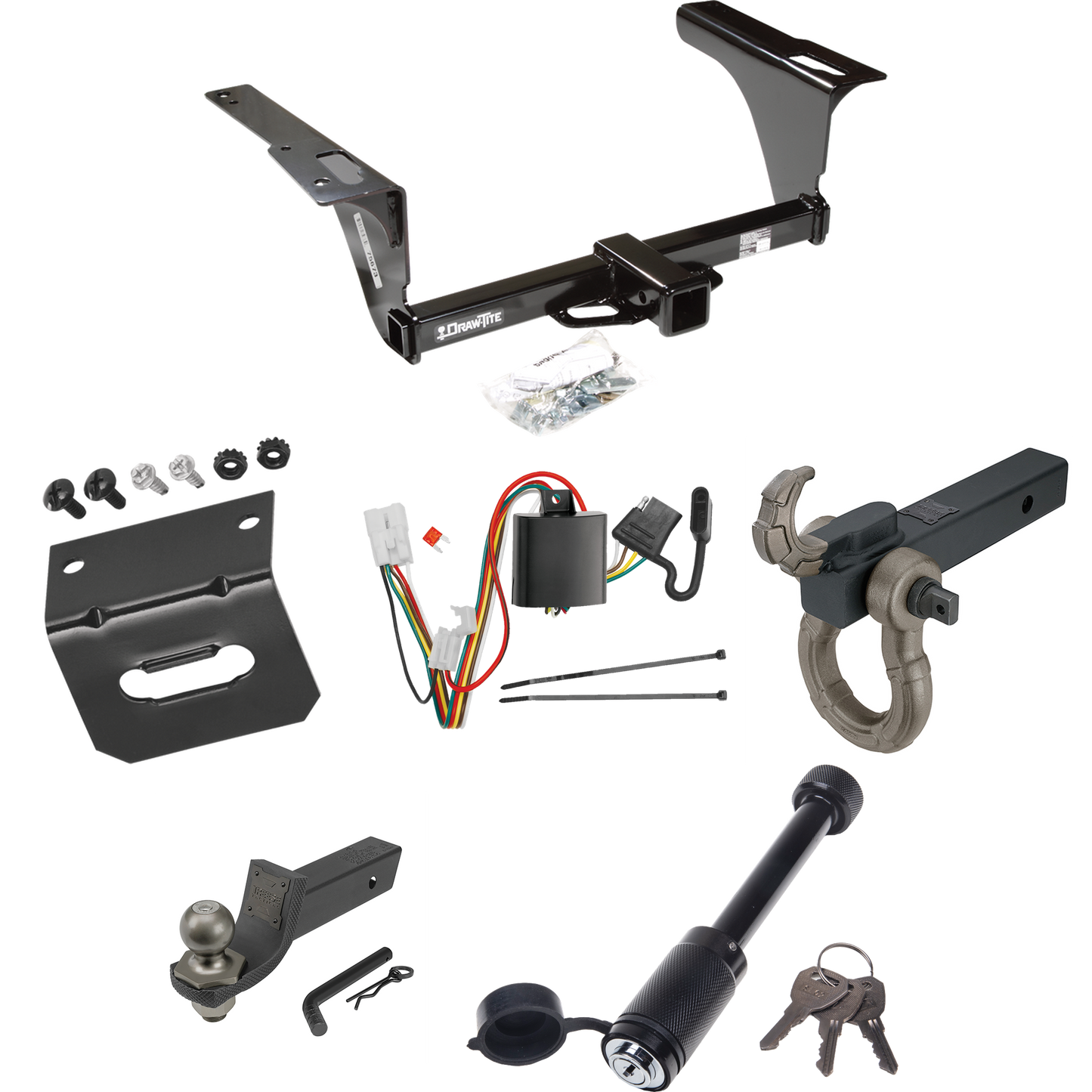 Fits 2010-2019 Subaru Outback Trailer Hitch Tow PKG w/ 4-Flat Wiring + Interlock Tactical Starter Kit w/ 2" Drop & 2" Ball + Tactical Hook & Shackle Mount + Tactical Dogbone Lock + Wiring Bracket (For Wagon, Except Sport Models) By Draw-Tite