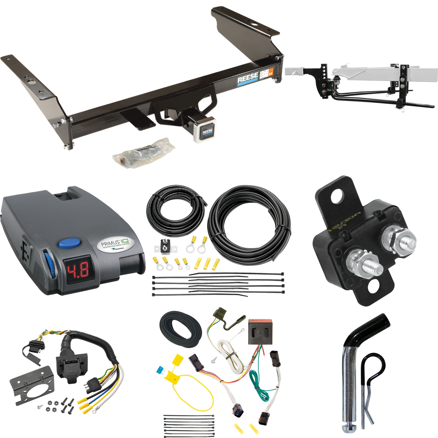 Fits 2002-2007 Jeep Liberty Trailer Hitch Tow PKG w/ 6K Round Bar Weight Distribution Hitch w/ 2-5/16" Ball + Pin/Clip + Tekonsha Primus IQ Brake Control + 7-Way RV Wiring By Reese Towpower