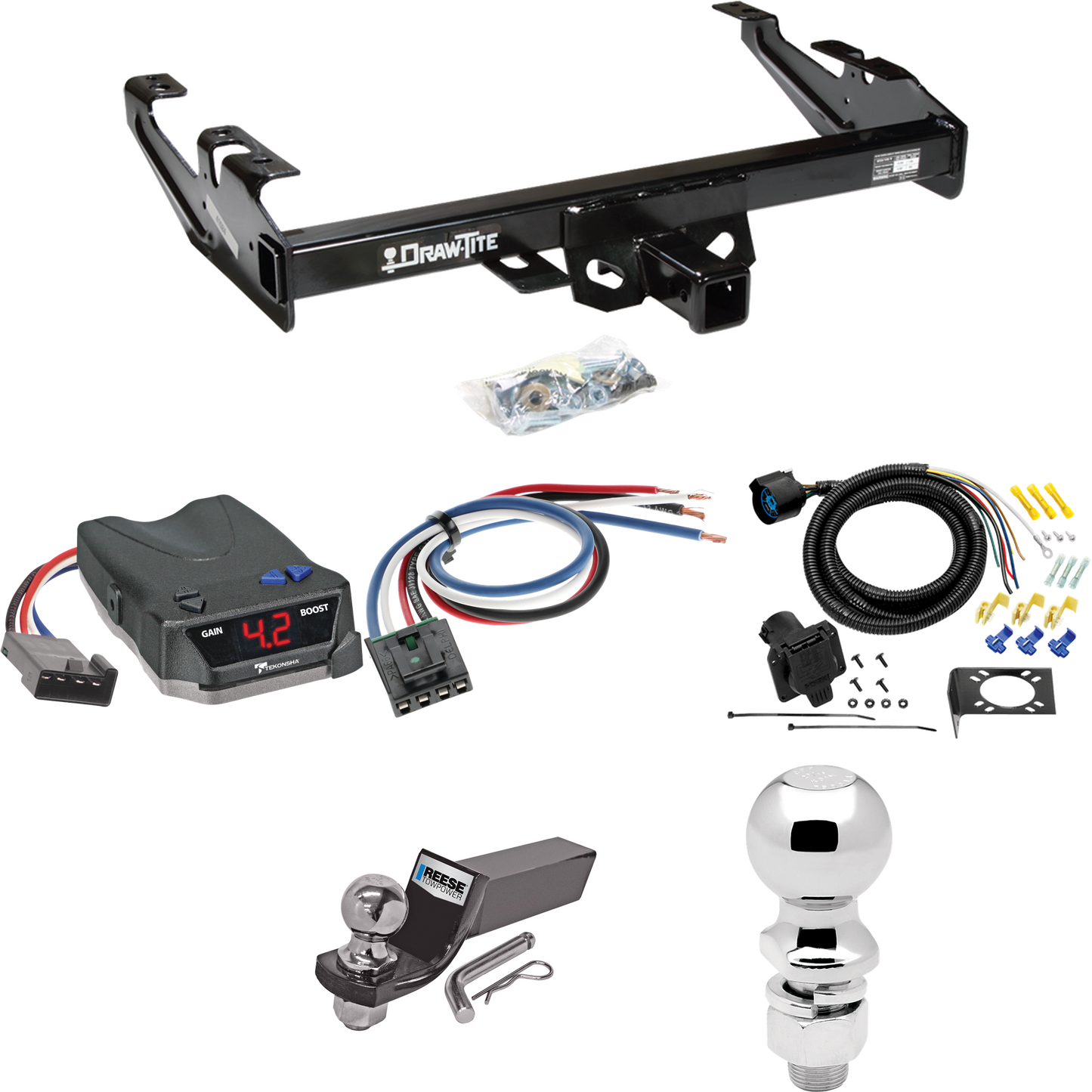 Fits 1988-2000 GMC C3500 Trailer Hitch Tow PKG w/ Tekonsha BRAKE-EVN Brake Control + Generic BC Wiring Adapter + 7-Way RV Wiring + 2" & 2-5/16" Ball & Drop Mount By Draw-Tite