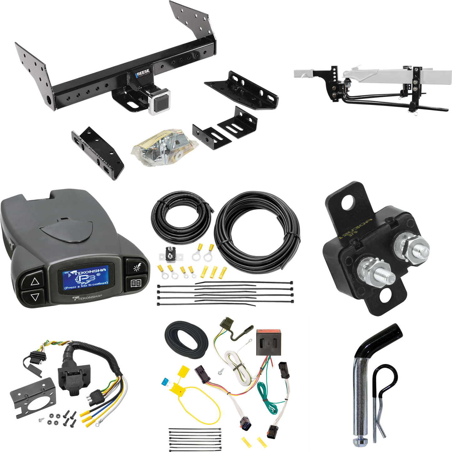 Fits 2002-2007 Jeep Liberty Trailer Hitch Tow PKG w/ 6K Round Bar Weight Distribution Hitch w/ 2-5/16" Ball + Pin/Clip + Tekonsha Prodigy P3 Brake Control + 7-Way RV Wiring By Reese Towpower