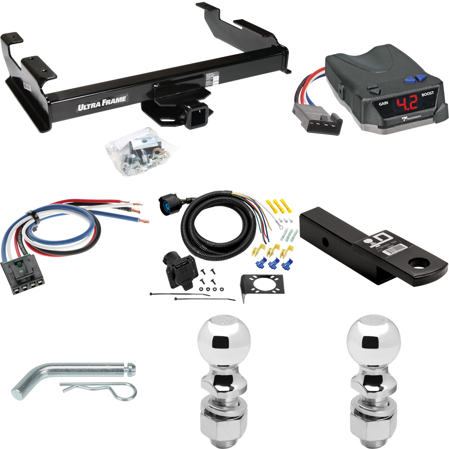 Se adapta al paquete de enganche de remolque Chevrolet C2500 1992-2000 con control de freno Tekonsha BRAKE-EVN + adaptador de cableado BC genérico + cableado RV de 7 vías + soporte de bola y caída de 2" y 2-5/16" (para modelos Crew Cab) dibujar-tite