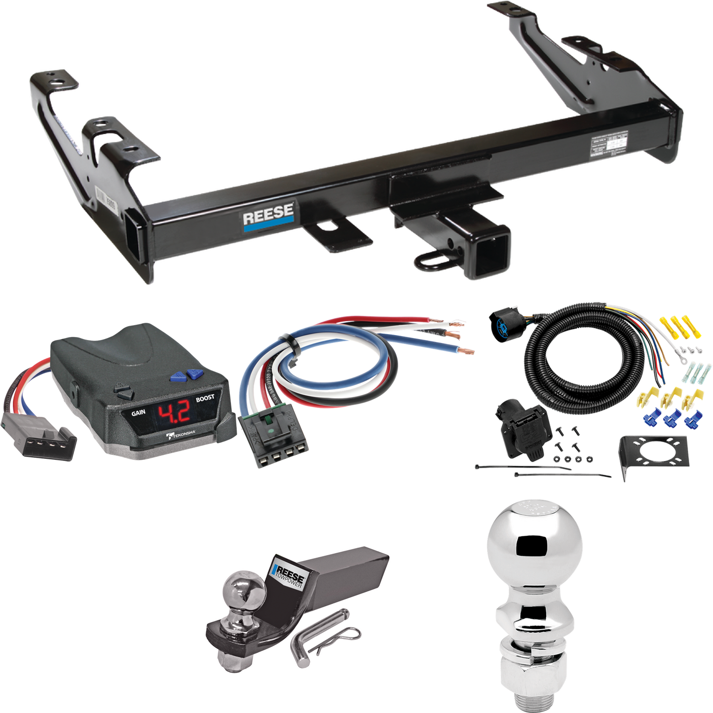 Fits 1992-2000 Chevrolet K3500 Trailer Hitch Tow PKG w/ Tekonsha BRAKE-EVN Brake Control + Generic BC Wiring Adapter + 7-Way RV Wiring + 2" & 2-5/16" Ball & Drop Mount (For Crew Cab Models) By Reese Towpower