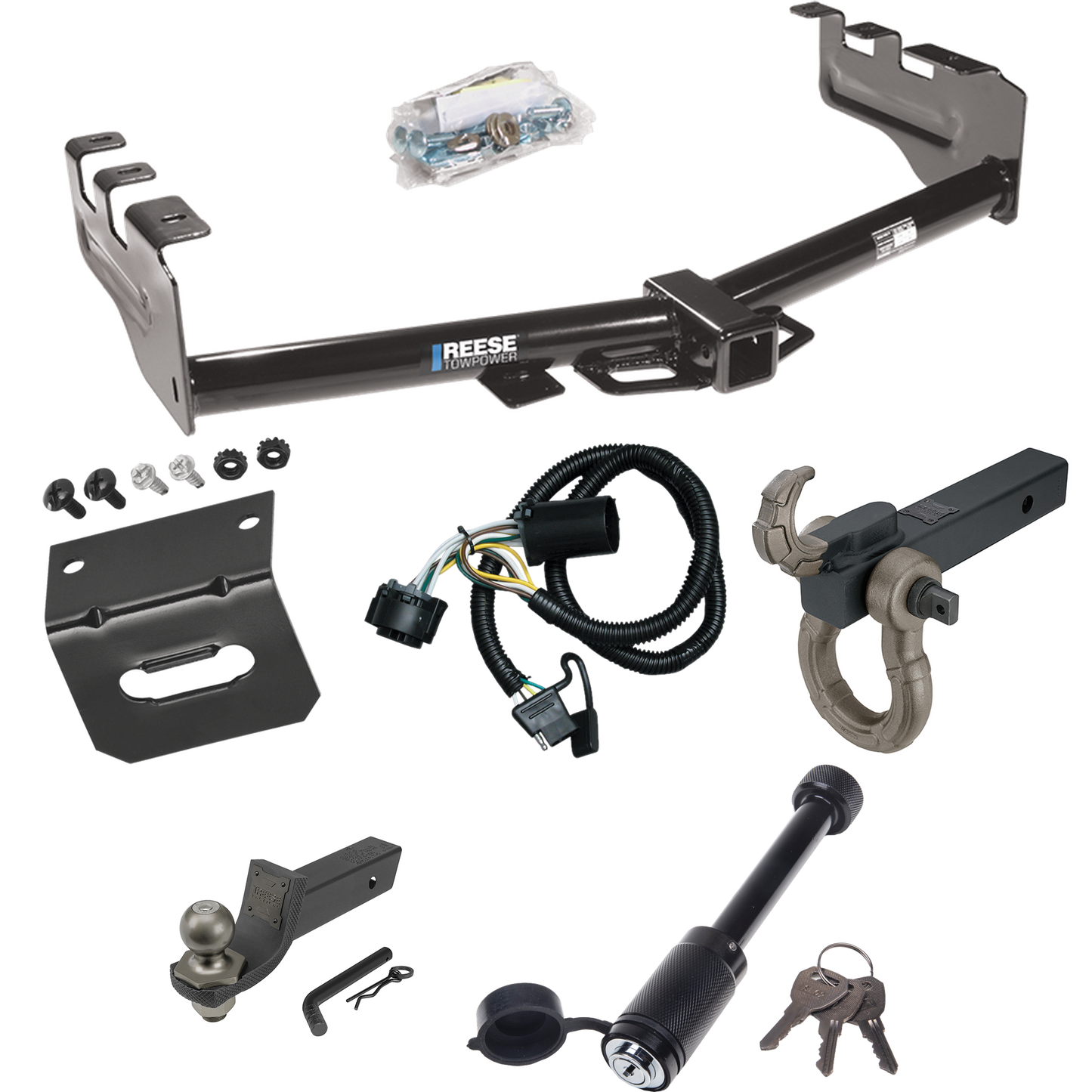 Fits 2007-2013 Chevrolet Silverado 1500 Trailer Hitch Tow PKG w/ 4-Flat Wiring + Interlock Tactical Starter Kit w/ 2" Drop & 2" Ball + Tactical Hook & Shackle Mount + Tactical Dogbone Lock + Wiring Bracket By Reese Towpower