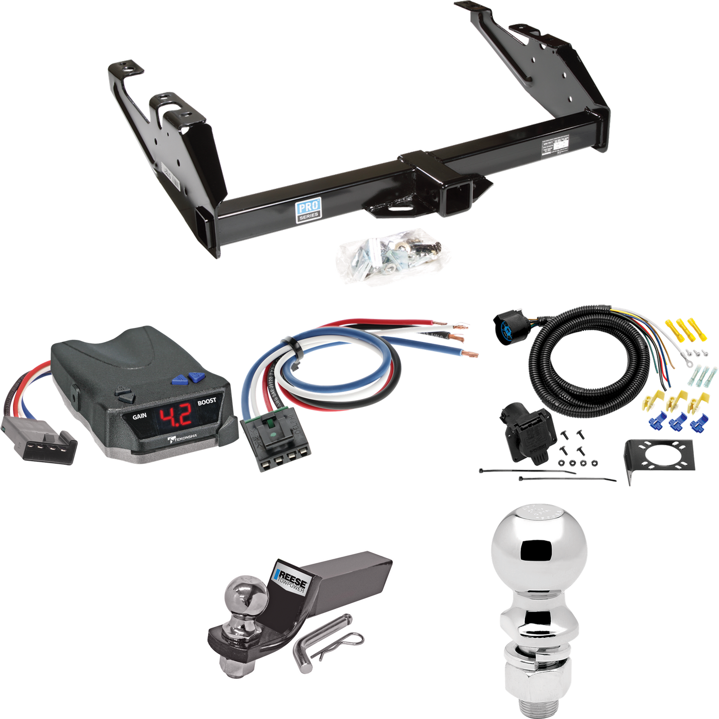 Fits 1988-2000 GMC K2500 Trailer Hitch Tow PKG w/ Tekonsha BRAKE-EVN Brake Control + Generic BC Wiring Adapter + 7-Way RV Wiring + 2" & 2-5/16" Ball & Drop Mount By Reese Towpower