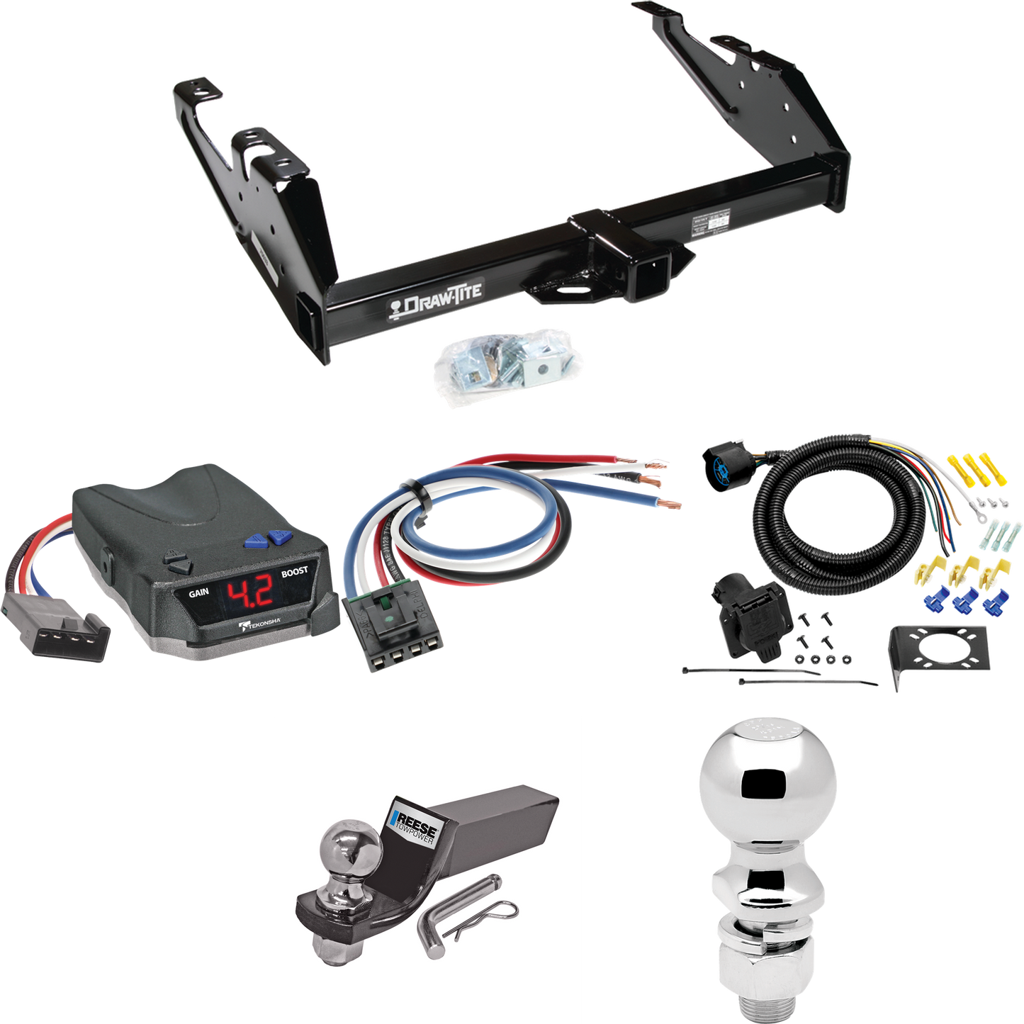 Fits 1992-2000 Chevrolet K3500 Trailer Hitch Tow PKG w/ Tekonsha BRAKE-EVN Brake Control + Generic BC Wiring Adapter + 7-Way RV Wiring + 2" & 2-5/16" Ball & Drop Mount (For Crew Cab Models) By Draw-Tite