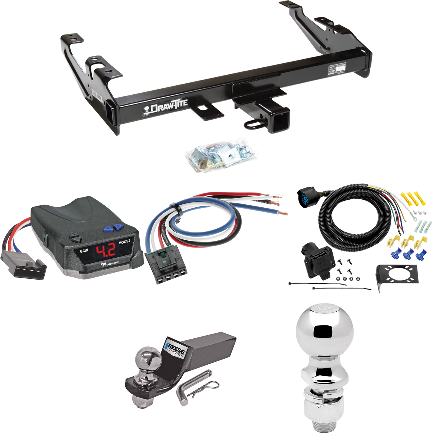 Fits 1988-1999 GMC K1500 Trailer Hitch Tow PKG w/ Tekonsha BRAKE-EVN Brake Control + Generic BC Wiring Adapter + 7-Way RV Wiring + 2" & 2-5/16" Ball & Drop Mount By Draw-Tite