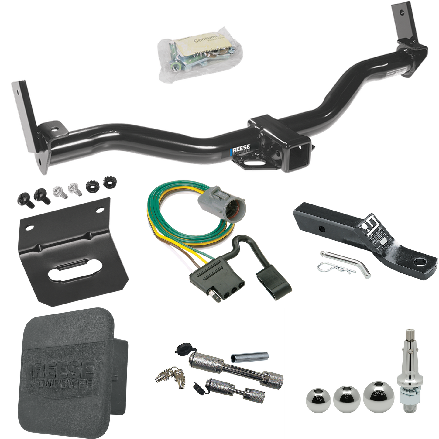 Fits 1997-2001 Mercury Mountaineer Trailer Hitch Tow PKG w/ 4-Flat Wiring + Ball Mount w/ 2" Drop + Interchangeable Ball 1-7/8" & 2" & 2-5/16" + Wiring Bracket + Dual Hitch & Coupler Locks + Hitch Cover (For w/Factory Tow Package Models) By Reese Tow