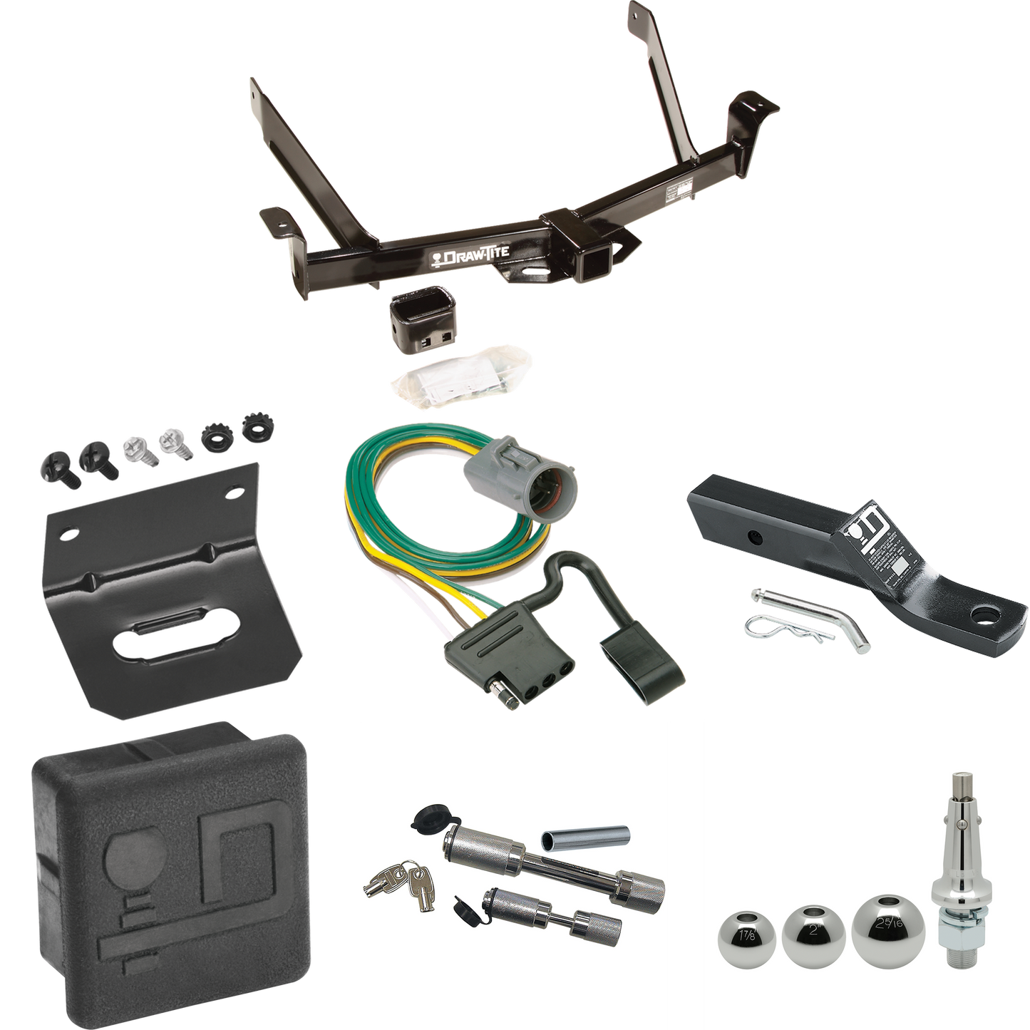 Fits 1997-2001 Mercury Mountaineer Trailer Hitch Tow PKG w/ 4-Flat Wiring + Ball Mount w/ 2" Drop + Interchangeable Ball 1-7/8" & 2" & 2-5/16" + Wiring Bracket + Dual Hitch & Coupler Locks + Hitch Cover (For w/Factory Tow Package Models) By Draw-Tite