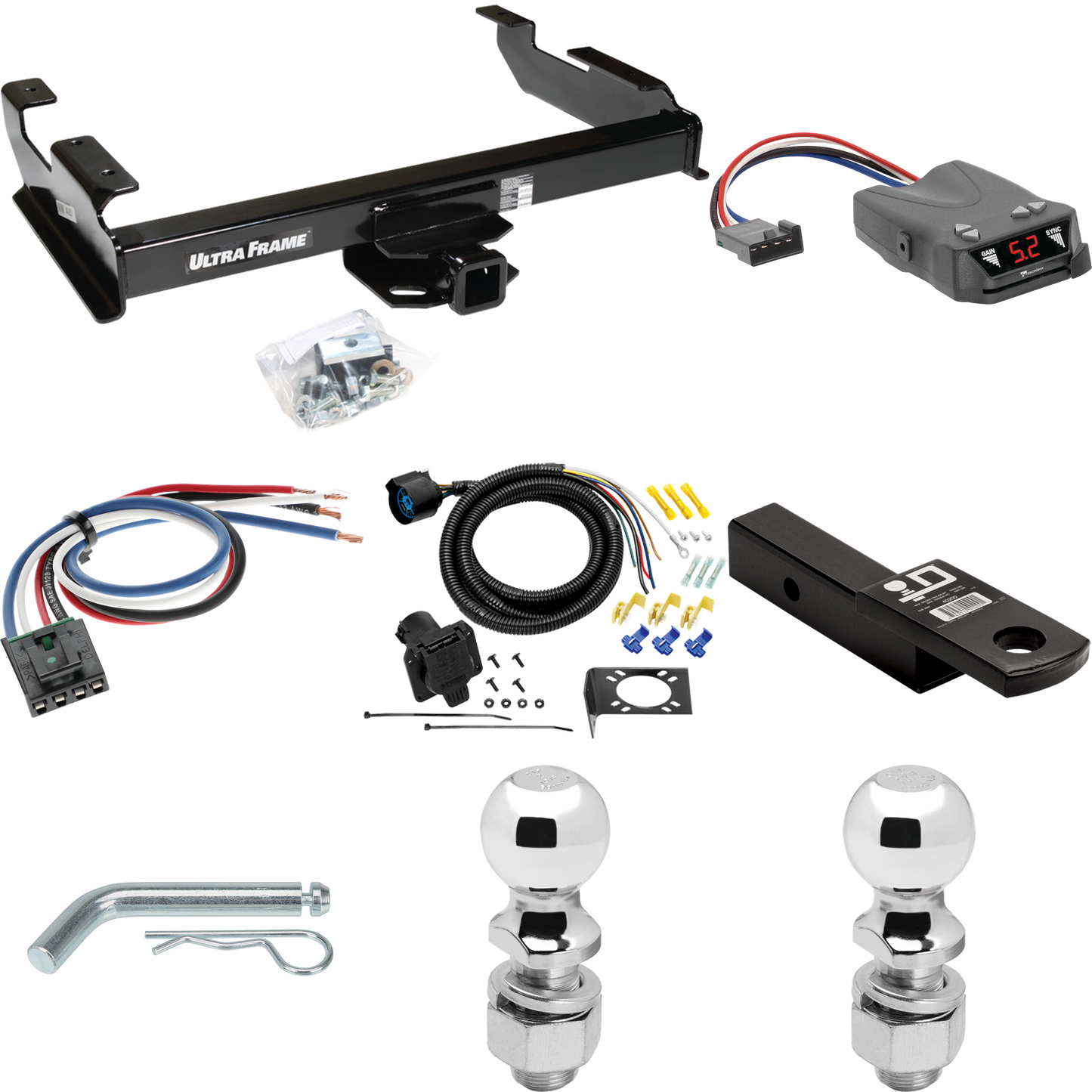 Fits 1992-2000 Chevrolet K2500 Trailer Hitch Tow PKG w/ Tekonsha Brakeman IV Brake Control + Generic BC Wiring Adapter + 7-Way RV Wiring + 2" & 2-5/16" Ball & Drop Mount (For Crew Cab Models) By Draw-Tite