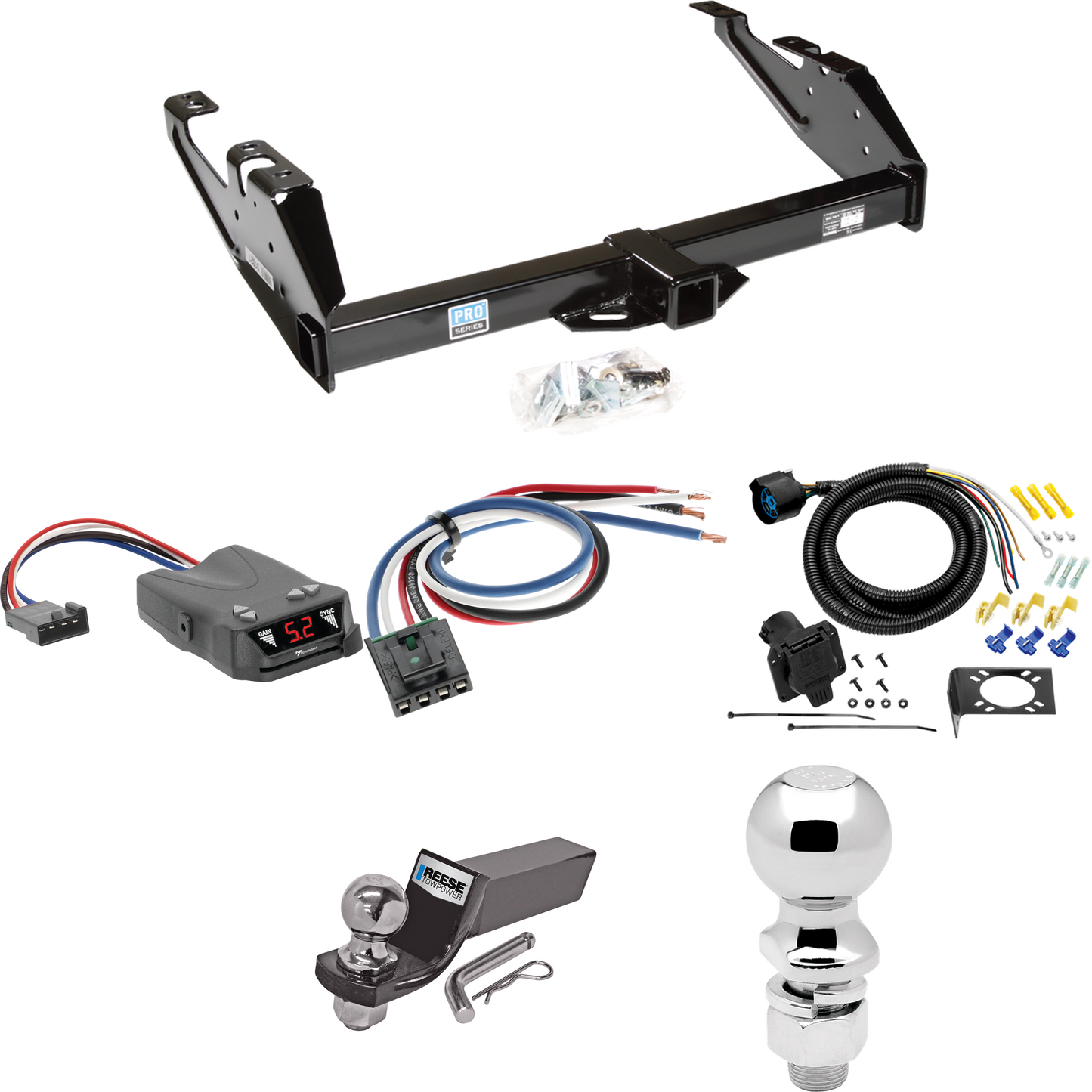 Fits 1992-2000 Chevrolet K2500 Trailer Hitch Tow PKG w/ Tekonsha Brakeman IV Brake Control + Generic BC Wiring Adapter + 7-Way RV Wiring + 2" & 2-5/16" Ball & Drop Mount (For Crew Cab Models) By Reese Towpower