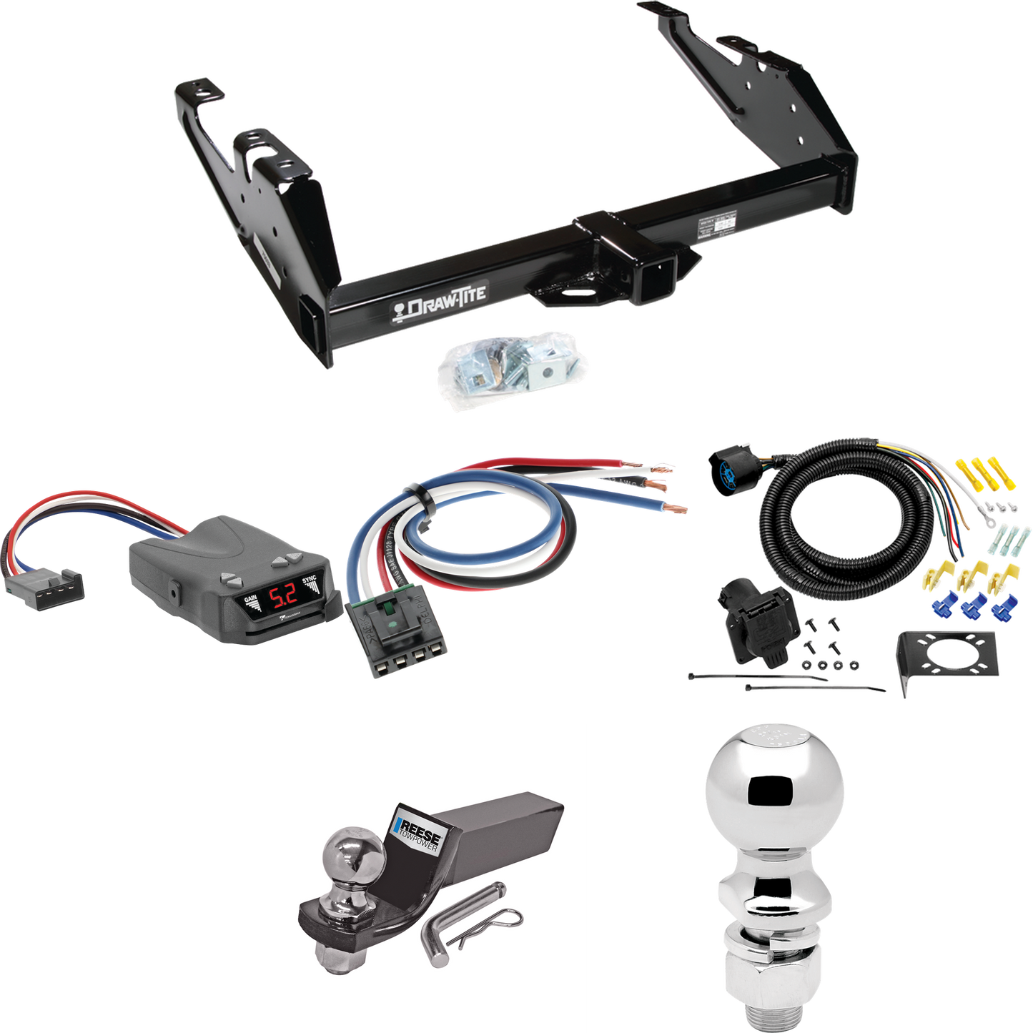 Fits 1988-2000 Chevrolet C3500 Trailer Hitch Tow PKG w/ Tekonsha Brakeman IV Brake Control + Generic BC Wiring Adapter + 7-Way RV Wiring + 2" & 2-5/16" Ball & Drop Mount (For Regular & Extended Cabs Models) By Draw-Tite