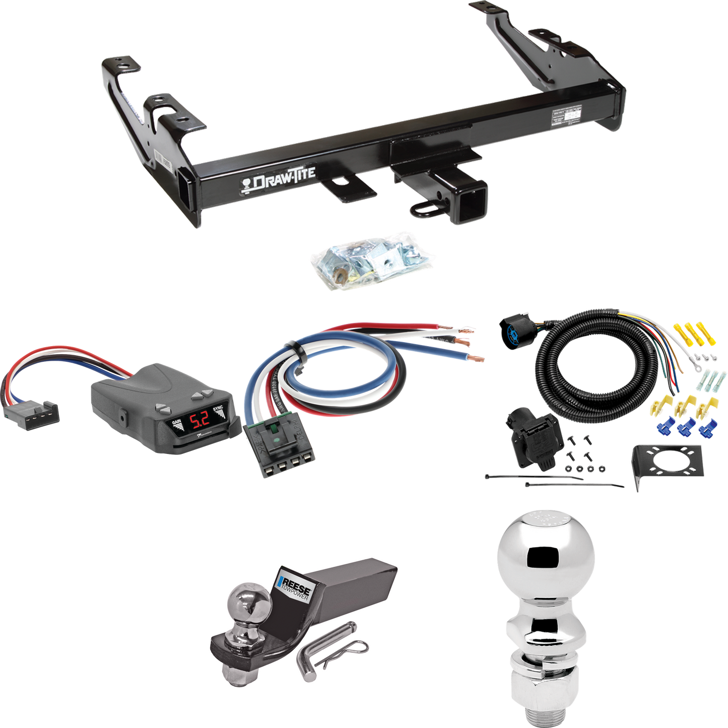 Fits 1988-2000 Chevrolet C3500 Trailer Hitch Tow PKG w/ Tekonsha Brakeman IV Brake Control + Generic BC Wiring Adapter + 7-Way RV Wiring + 2" & 2-5/16" Ball & Drop Mount (For Regular & Extended Cabs Models) By Draw-Tite