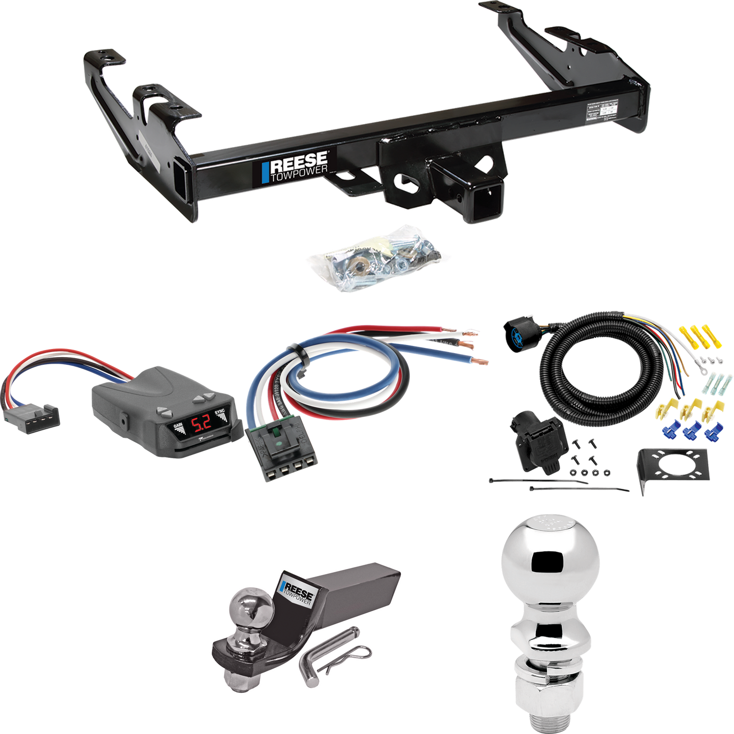 Fits 1988-2000 GMC C2500 Trailer Hitch Tow PKG w/ Tekonsha Brakeman IV Brake Control + Generic BC Wiring Adapter + 7-Way RV Wiring + 2" & 2-5/16" Ball & Drop Mount By Reese Towpower