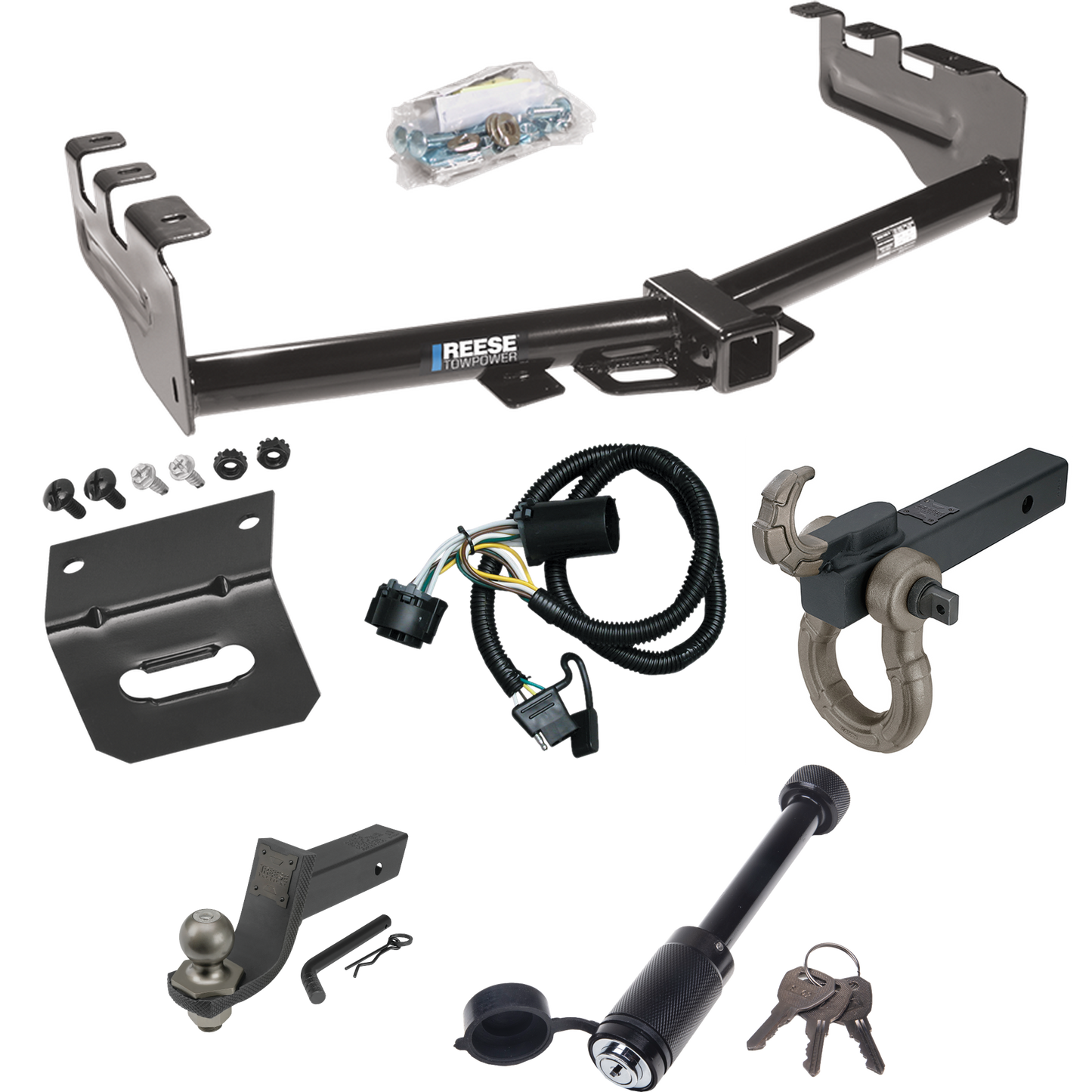 Fits 2007-2013 GMC Sierra 1500 Trailer Hitch Tow PKG w/ 4-Flat Wiring + Interlock Tactical Starter Kit w/ 3-1/4" Drop & 2" Ball + Tactical Hook & Shackle Mount + Tactical Dogbone Lock + Wiring Bracket By Reese Towpower