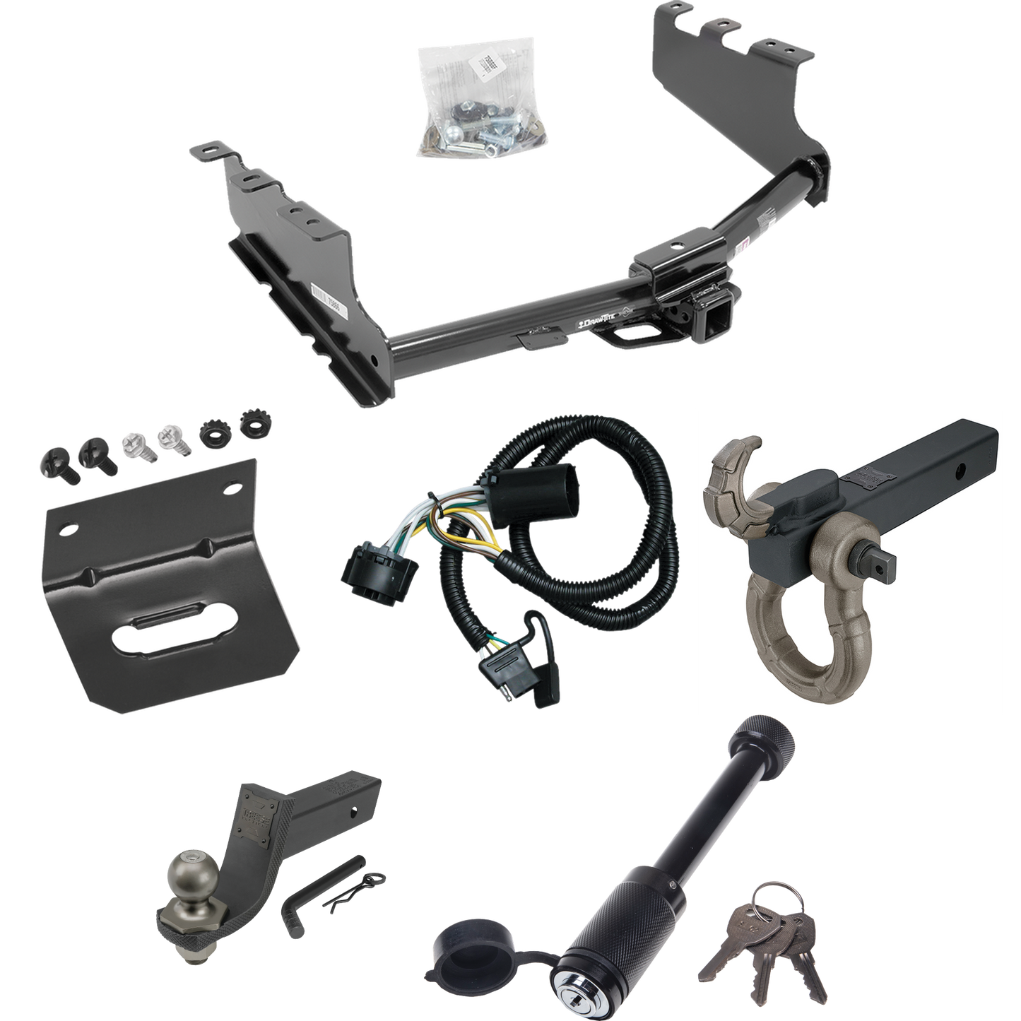 Fits 2014-2018 GMC Sierra 1500 Trailer Hitch Tow PKG w/ 4-Flat Wiring + Interlock Tactical Starter Kit w/ 3-1/4" Drop & 2" Ball + Tactical Hook & Shackle Mount + Tactical Dogbone Lock + Wiring Bracket By Draw-Tite