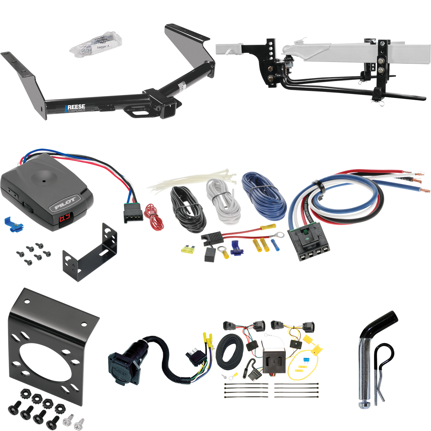 Fits 2008-2012 Jeep Liberty Trailer Hitch Tow PKG w/ 8K Round Bar Weight Distribution Hitch w/ 2-5/16" Ball + Pin/Clip + Pro Series Pilot Brake Control + Generic BC Wiring Adapter + 7-Way RV Wiring By Reese Towpower