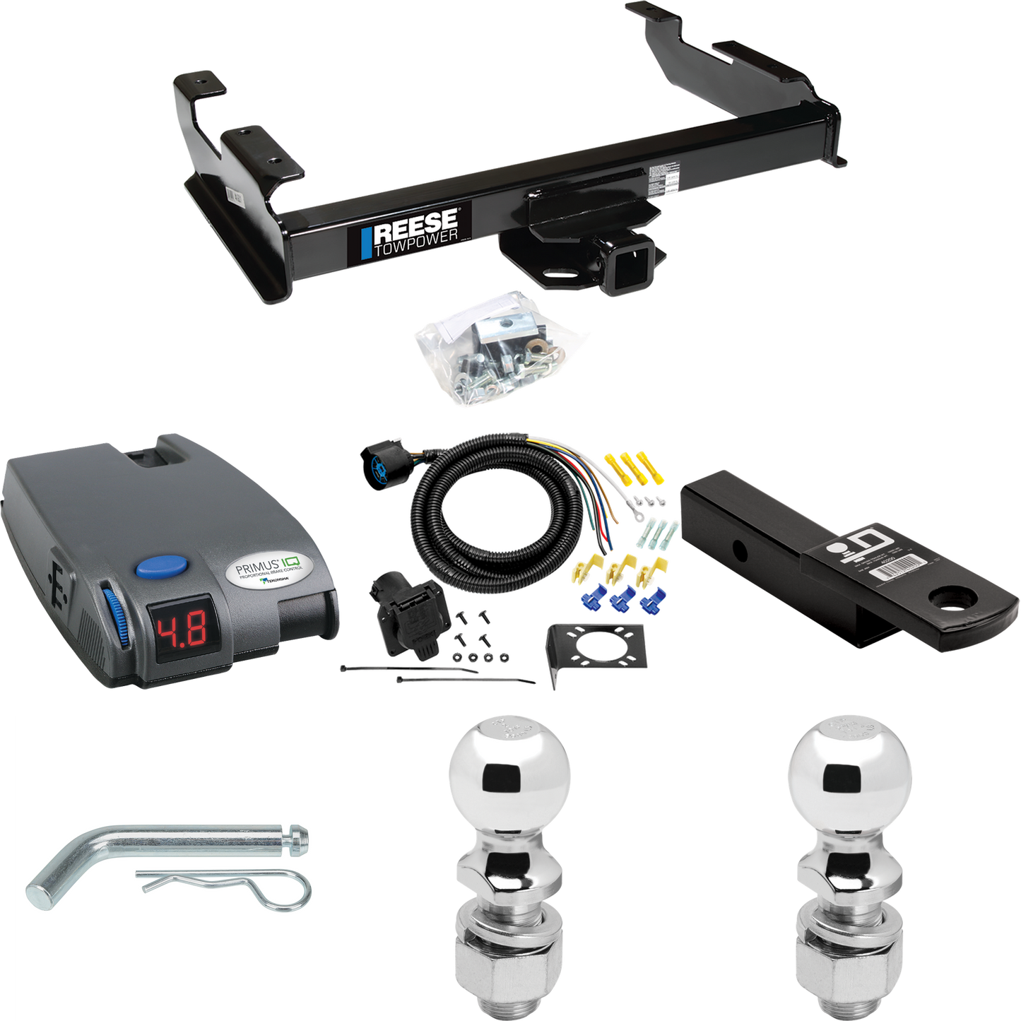 Fits 1992-2000 Chevrolet C2500 Trailer Hitch Tow PKG w/ Tekonsha Primus IQ Brake Control + 7-Way RV Wiring + 2" & 2-5/16" Ball & Drop Mount (For Crew Cab Models) By Reese Towpower