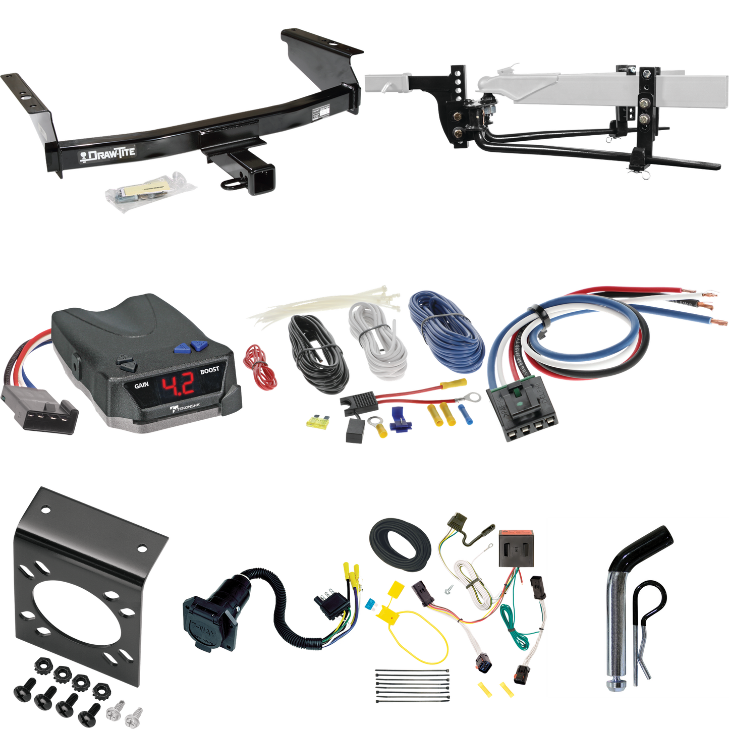 Fits 2002-2007 Jeep Liberty Trailer Hitch Tow PKG w/ 8K Round Bar Weight Distribution Hitch w/ 2-5/16" Ball + Pin/Clip + Tekonsha BRAKE-EVN Brake Control + Generic BC Wiring Adapter + 7-Way RV Wiring By Draw-Tite