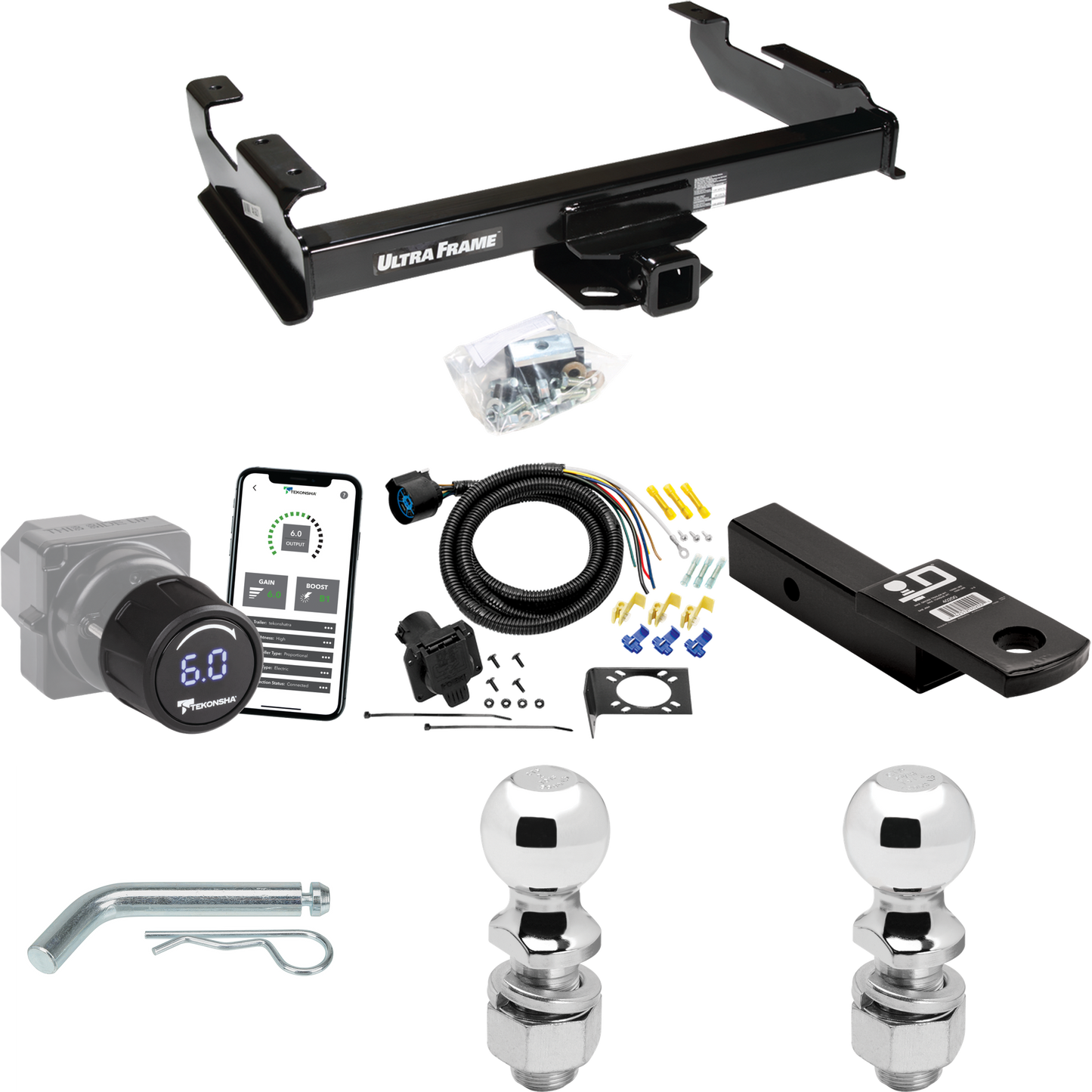 Fits 1992-2000 Chevrolet C2500 Trailer Hitch Tow PKG w/ Tekonsha Prodigy iD Bluetooth Wireless Brake Control + 7-Way RV Wiring + 2" & 2-5/16" Ball & Drop Mount (For Crew Cab Models) By Draw-Tite