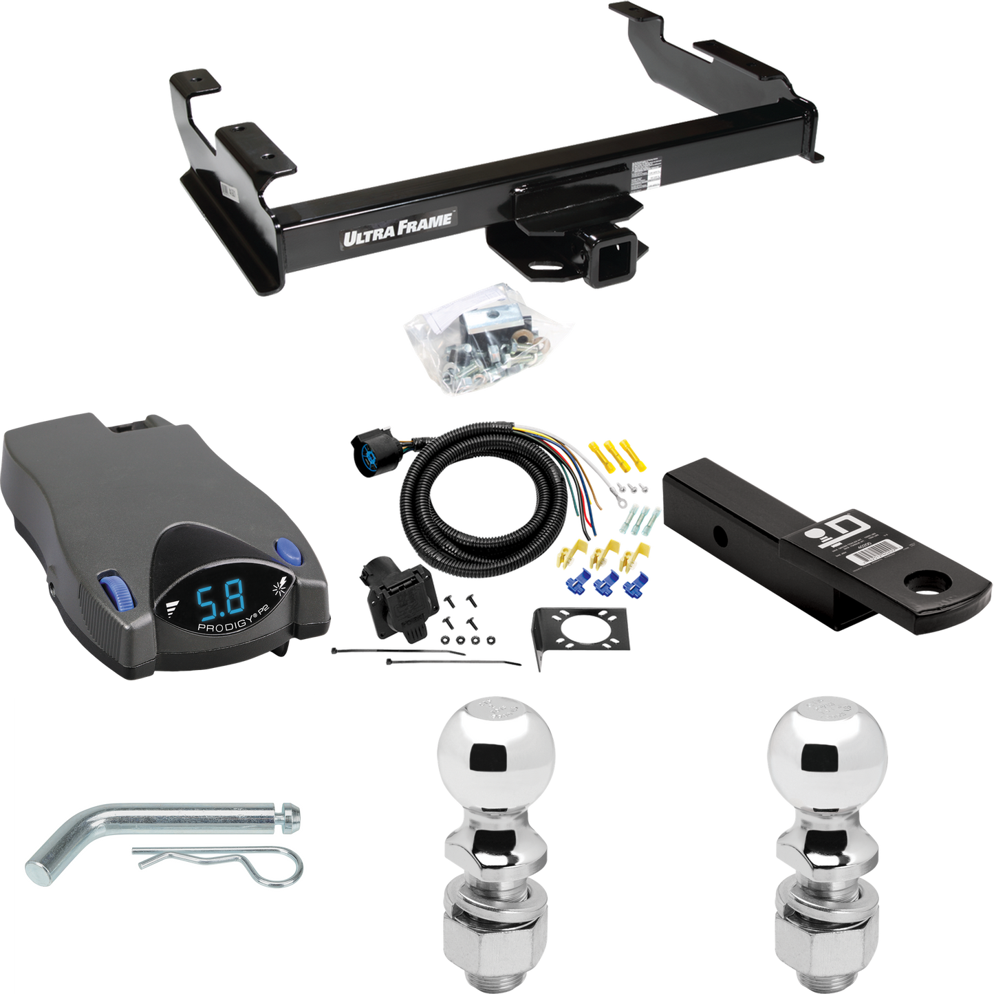 Fits 1988-2000 Chevrolet K2500 Trailer Hitch Tow PKG w/ Tekonsha Prodigy P2 Brake Control + 7-Way RV Wiring + 2" & 2-5/16" Ball & Drop Mount (For Regular & Extended Cabs Models) By Draw-Tite