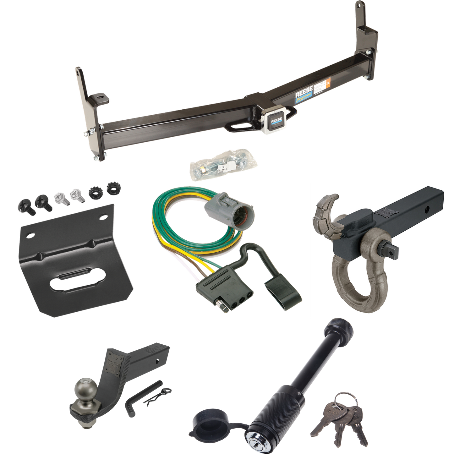 Fits 1995-2001 Ford Explorer Trailer Hitch Tow PKG w/ 4-Flat Wiring + Interlock Tactical Starter Kit w/ 3-1/4" Drop & 2" Ball + Tactical Hook & Shackle Mount + Tactical Dogbone Lock + Wiring Bracket (For w/Factory Tow Package Models) By Reese Towpowe