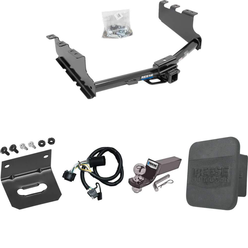 Fits 2014-2018 GMC Sierra 1500 Trailer Hitch Tow PKG w/ 4-Flat Wiring + Starter Kit Ball Mount w/ 2" Drop & 2" Ball + Wiring Bracket + Hitch Cover By Reese Towpower