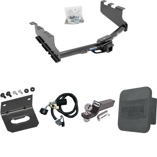 Fits 2014-2018 GMC Sierra 1500 Trailer Hitch Tow PKG w/ 4-Flat Wiring + Starter Kit Ball Mount w/ 2" Drop & 2" Ball + Wiring Bracket + Hitch Cover By Reese Towpower