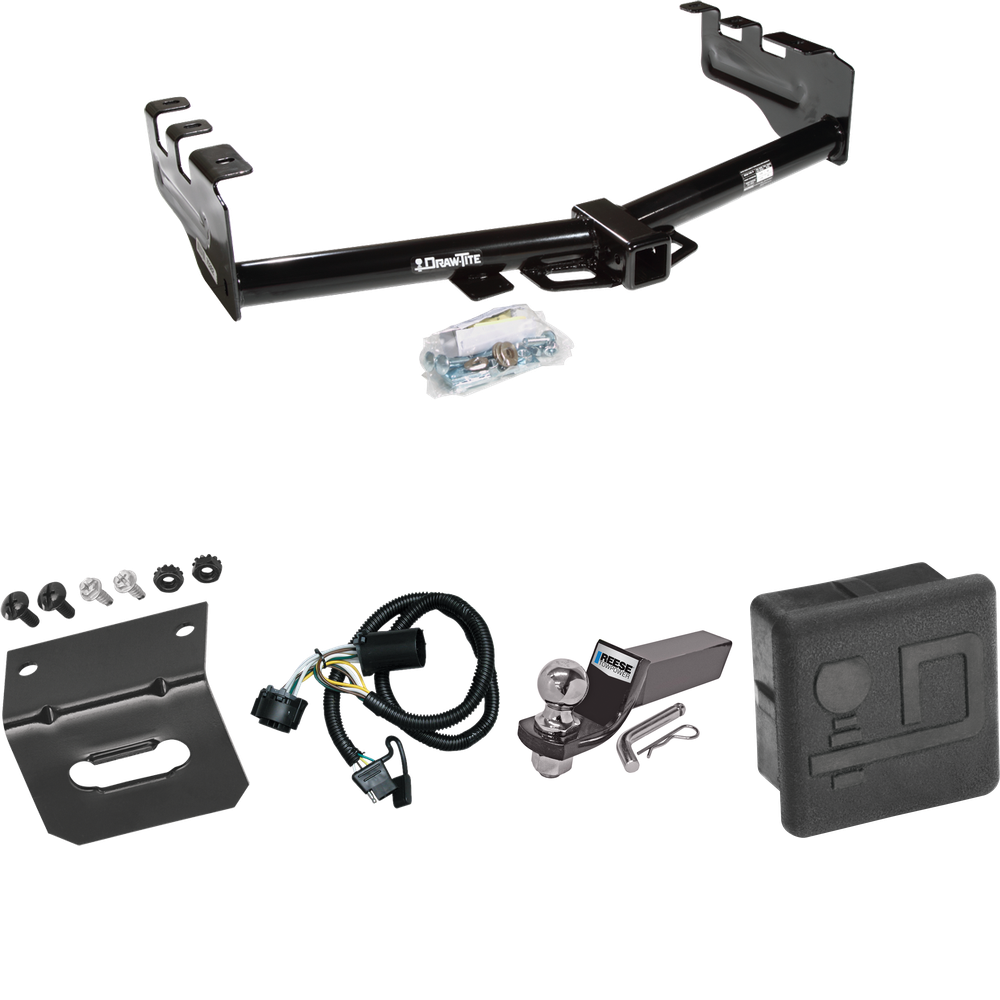 Fits 2007-2013 GMC Sierra 1500 Trailer Hitch Tow PKG w/ 4-Flat Wiring + Starter Kit Ball Mount w/ 2" Drop & 2" Ball + Wiring Bracket + Hitch Cover By Draw-Tite