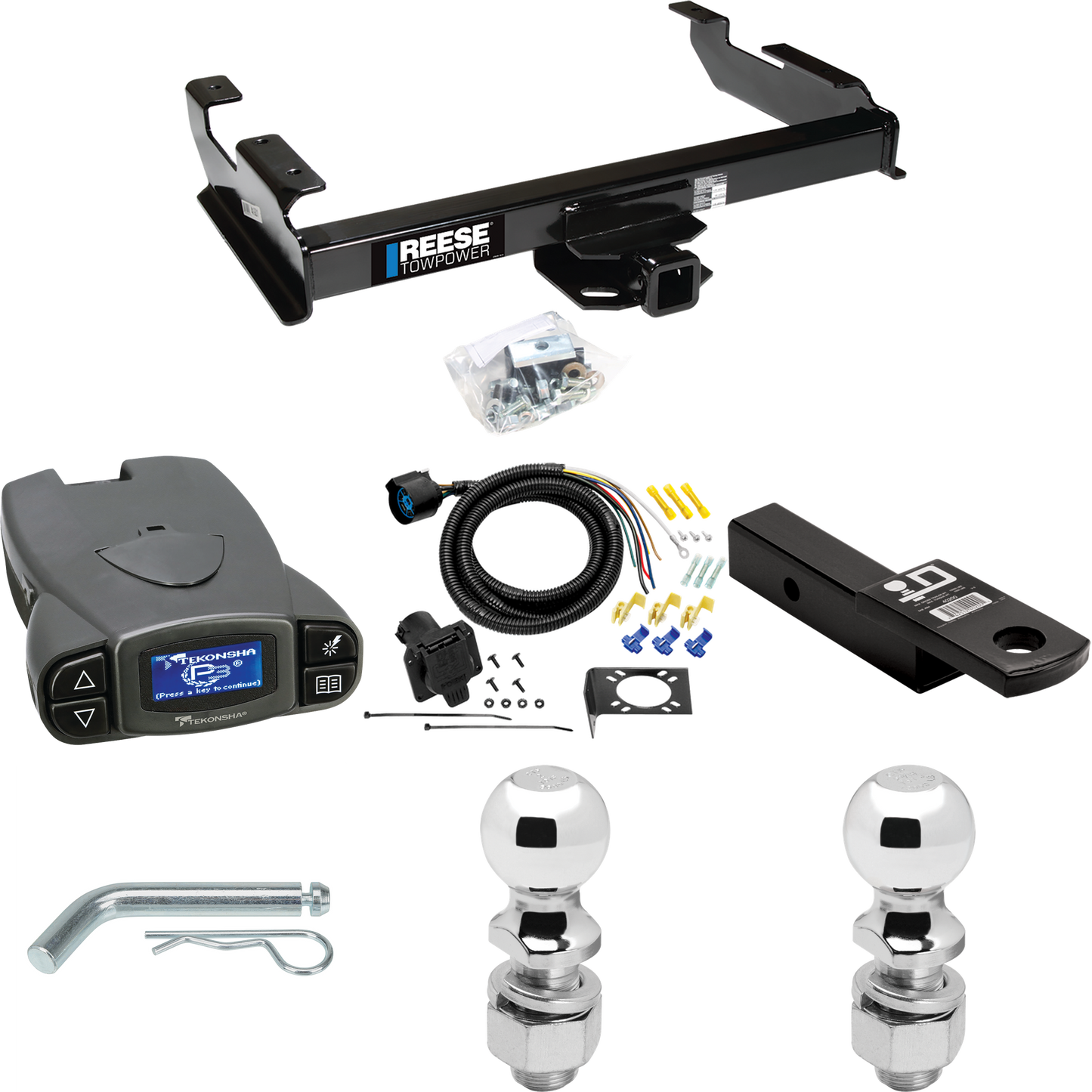 Fits 1988-1999 Chevrolet C1500 Trailer Hitch Tow PKG w/ Tekonsha Prodigy P3 Brake Control + 7-Way RV Wiring + 2" & 2-5/16" Ball & Drop Mount By Reese Towpower